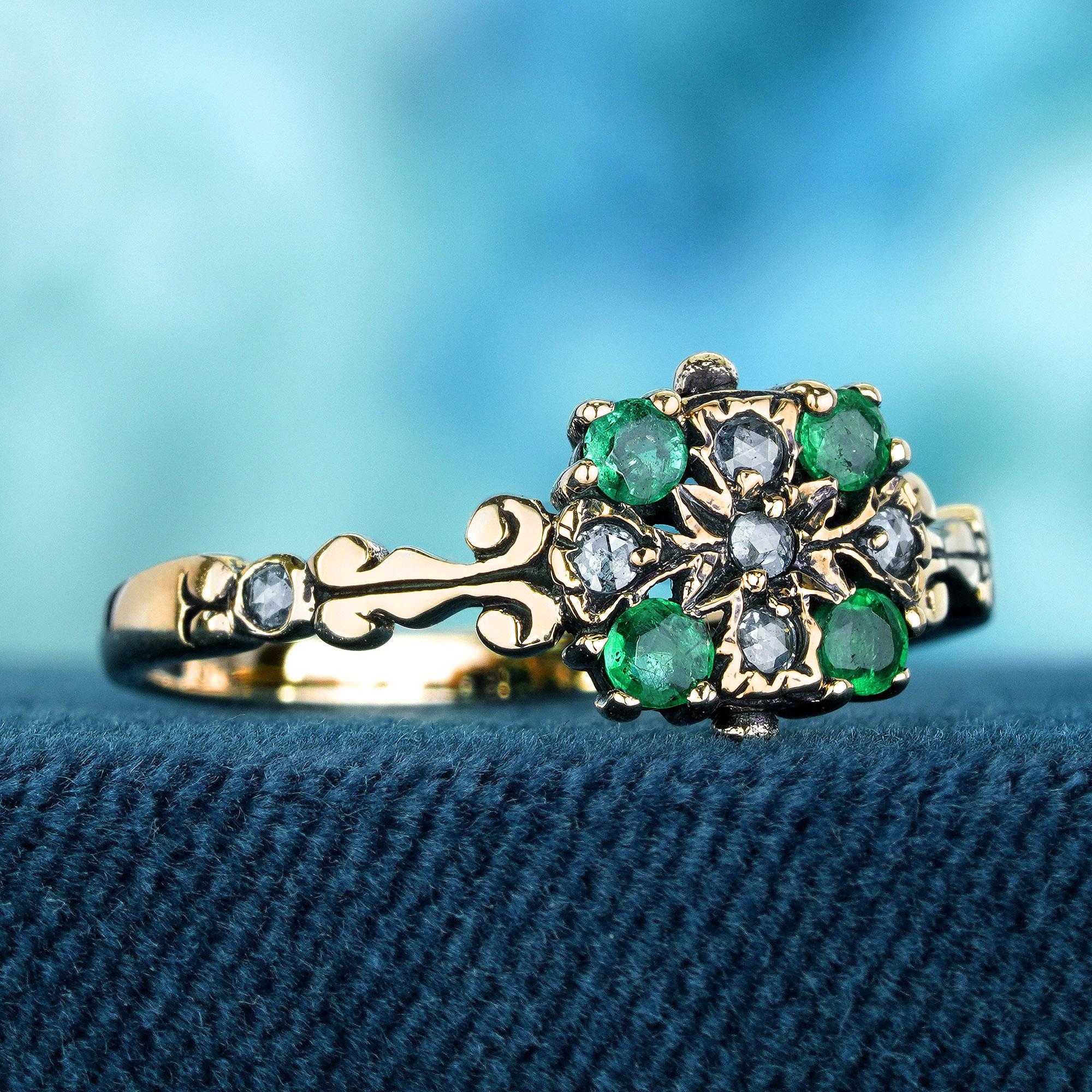 Edwardian Natural Emerald and Diamond Vintage Style Floral Ring in Solid 9K Yellow Gold For Sale