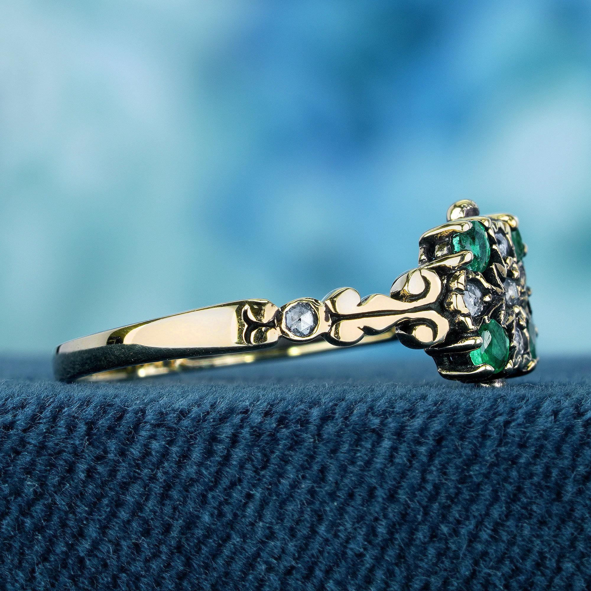 Round Cut Natural Emerald and Diamond Vintage Style Floral Ring in Solid 9K Yellow Gold For Sale