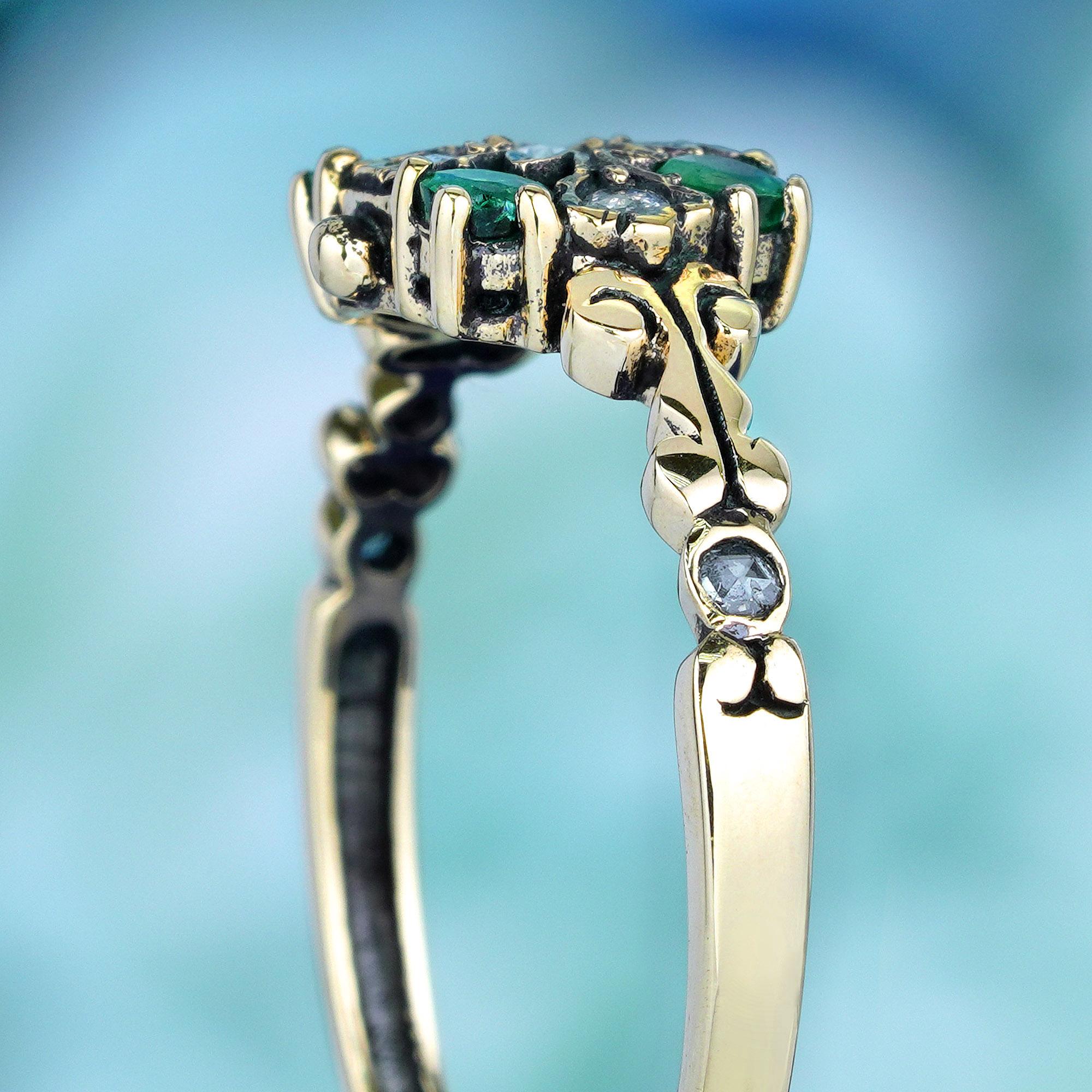 Women's Natural Emerald and Diamond Vintage Style Floral Ring in Solid 9K Yellow Gold For Sale