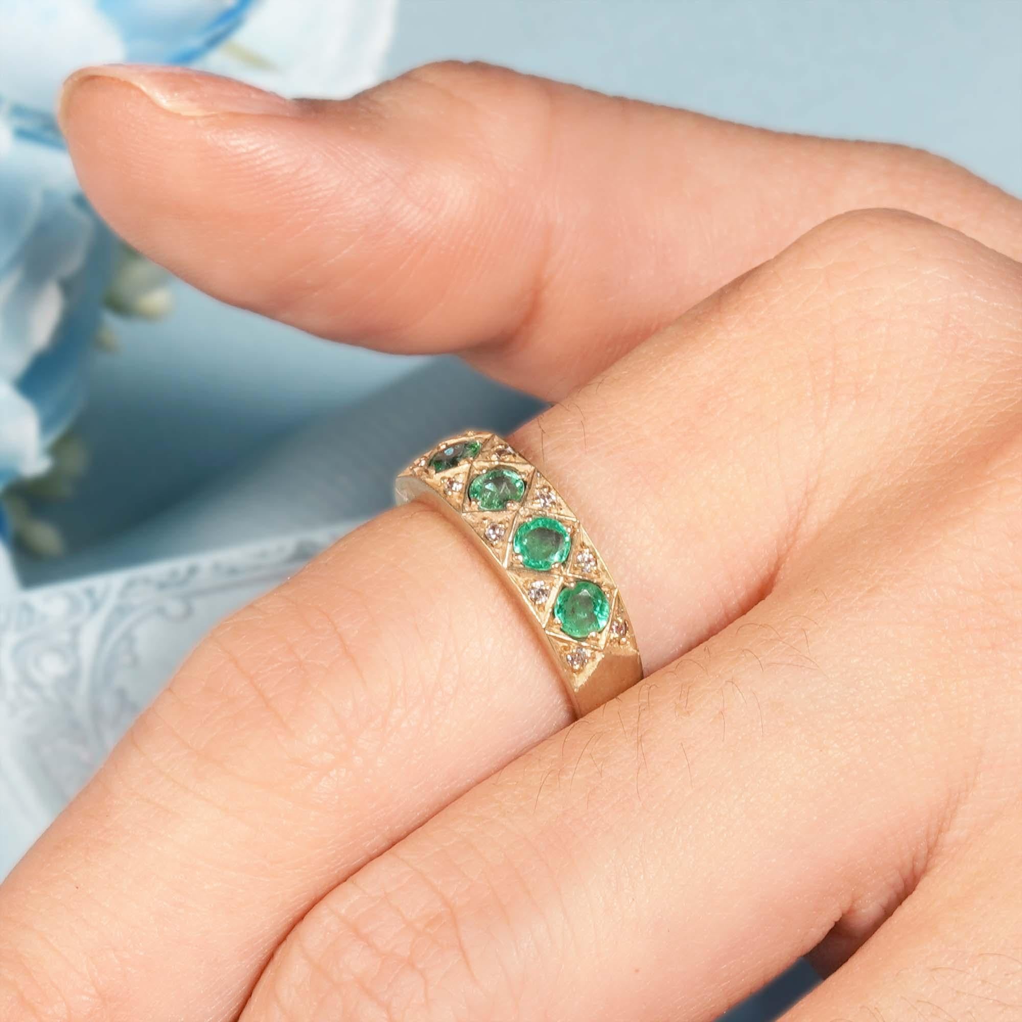 Natural Emerald and Diamond Vintage Style Half Eternity Ring in Solid 9K Gold 11