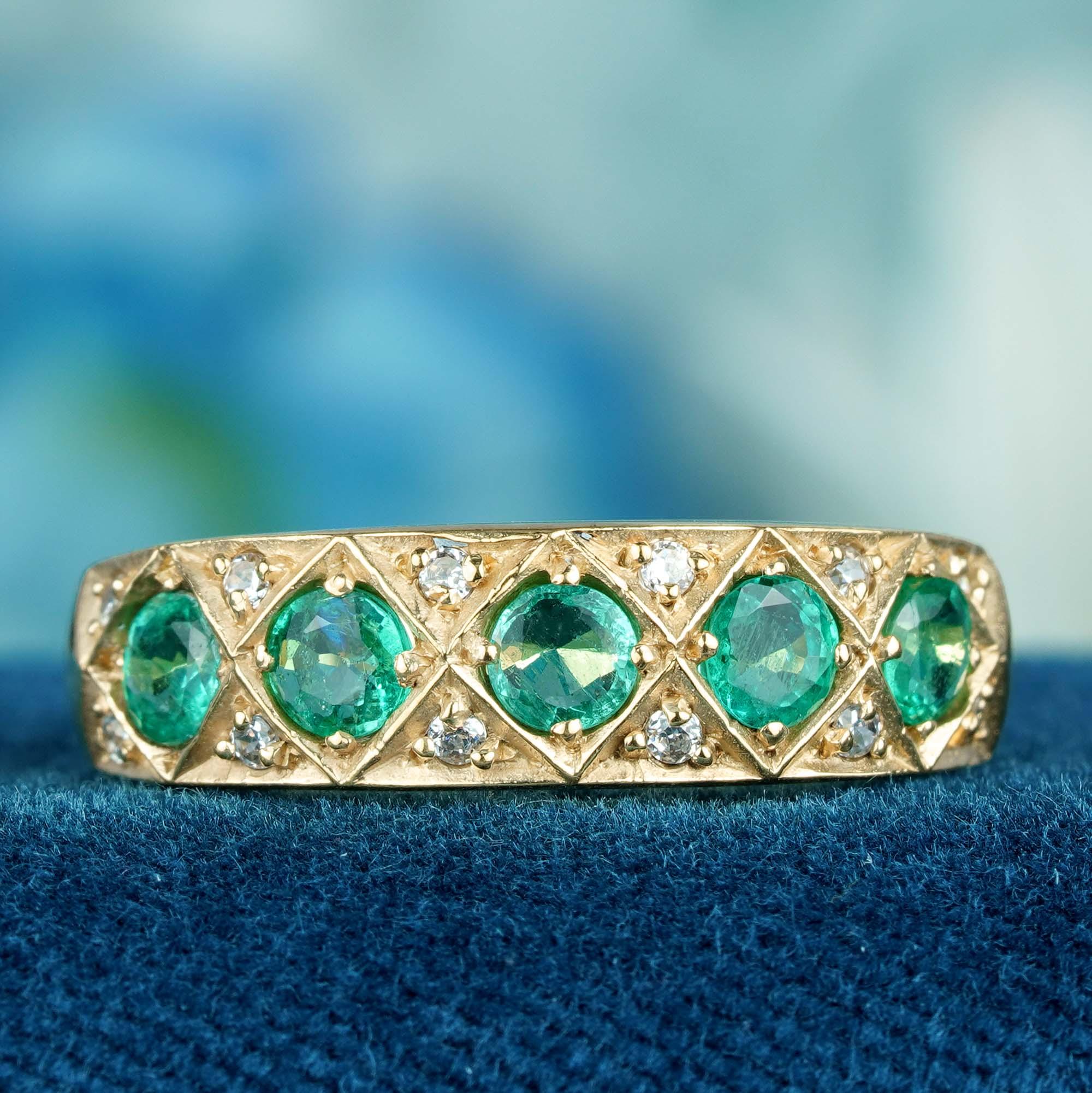 Natural Emerald and Diamond Vintage Style Half Eternity Ring in Solid 9K Gold 2