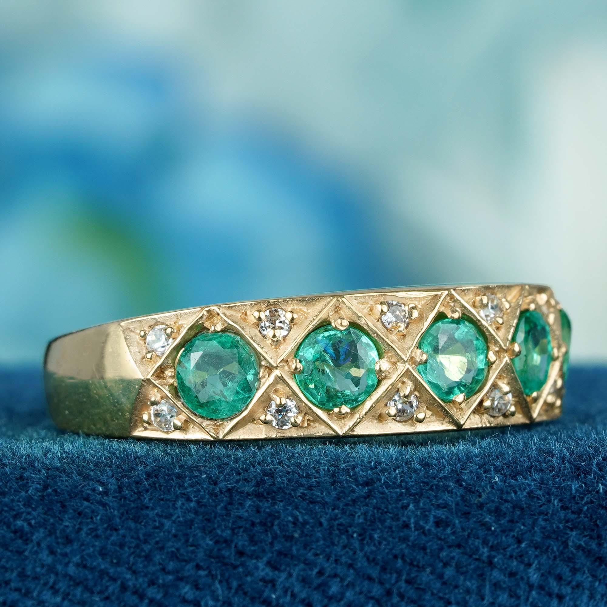 Natural Emerald and Diamond Vintage Style Half Eternity Ring in Solid 9K Gold 3