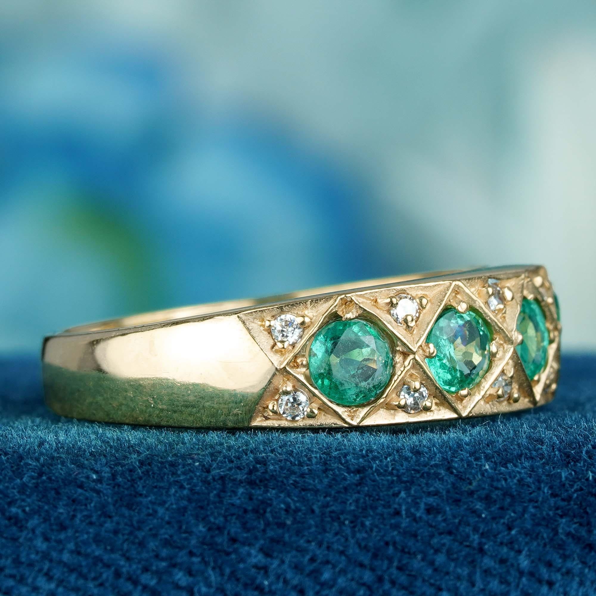 Natural Emerald and Diamond Vintage Style Half Eternity Ring in Solid 9K Gold 4