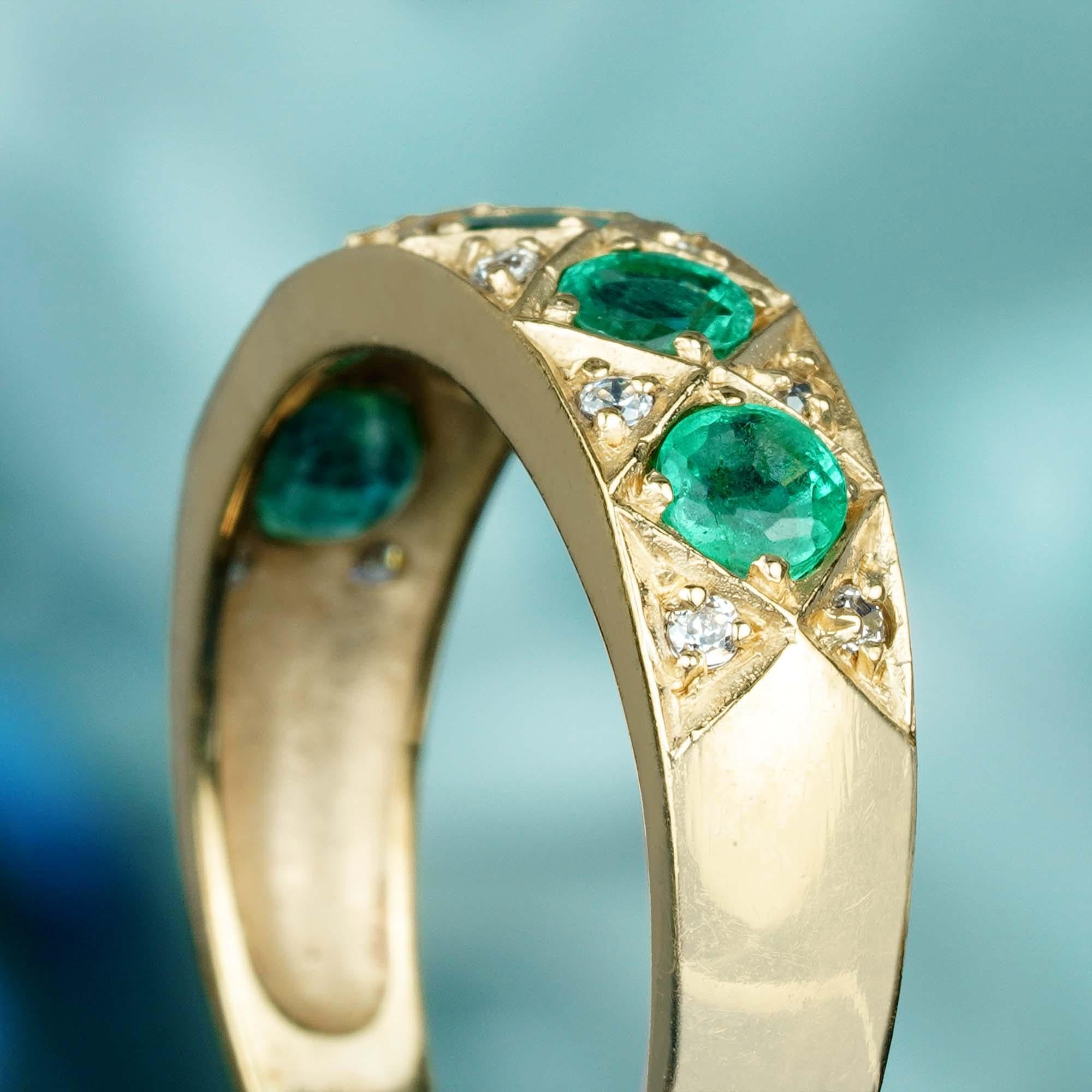 Natural Emerald and Diamond Vintage Style Half Eternity Ring in Solid 9K Gold 6