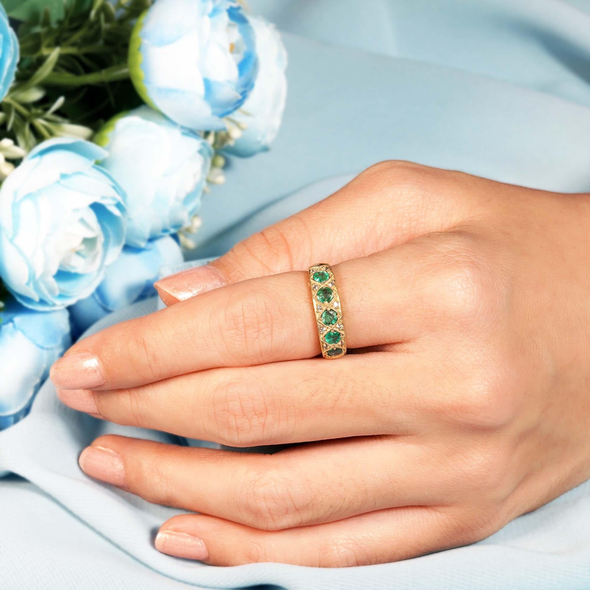Natural Emerald and Diamond Vintage Style Half Eternity Ring in Solid 9K Gold 8