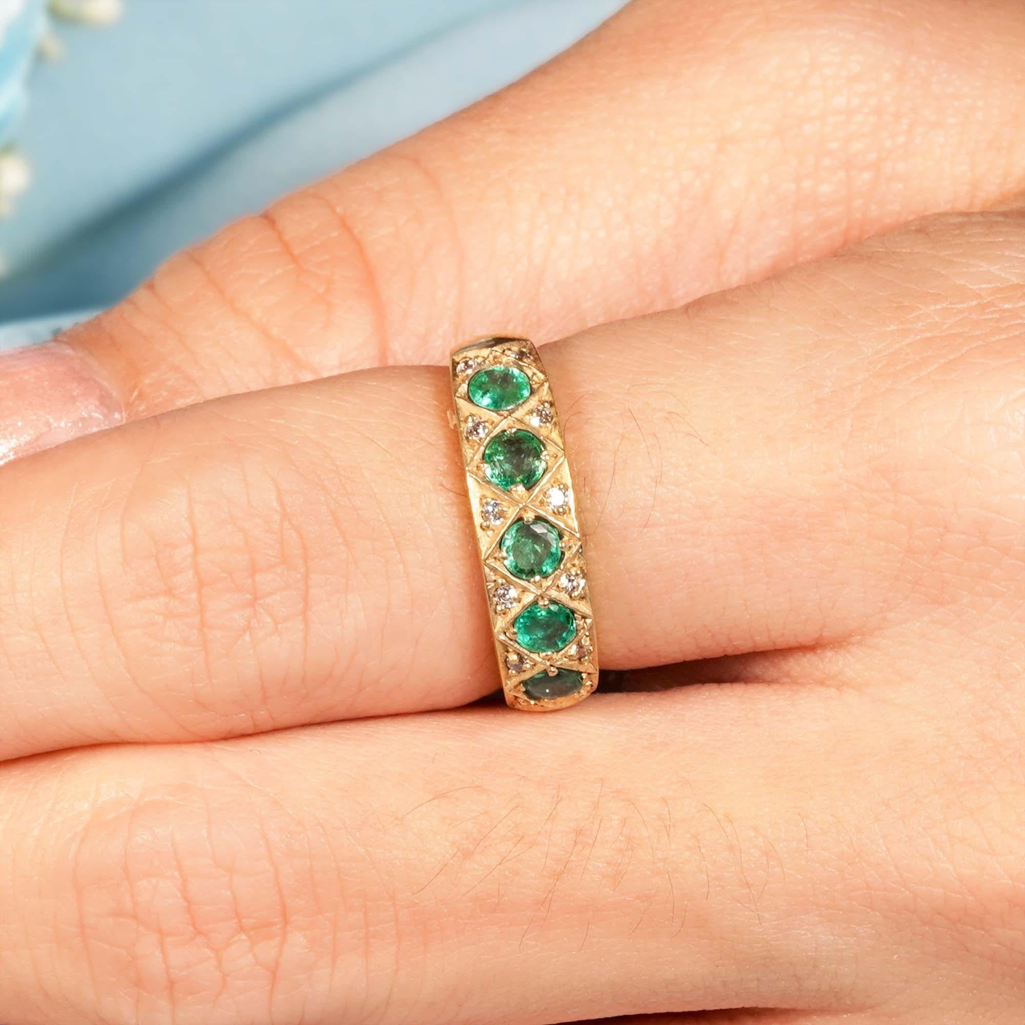 Natural Emerald and Diamond Vintage Style Half Eternity Ring in Solid 9K Gold 9