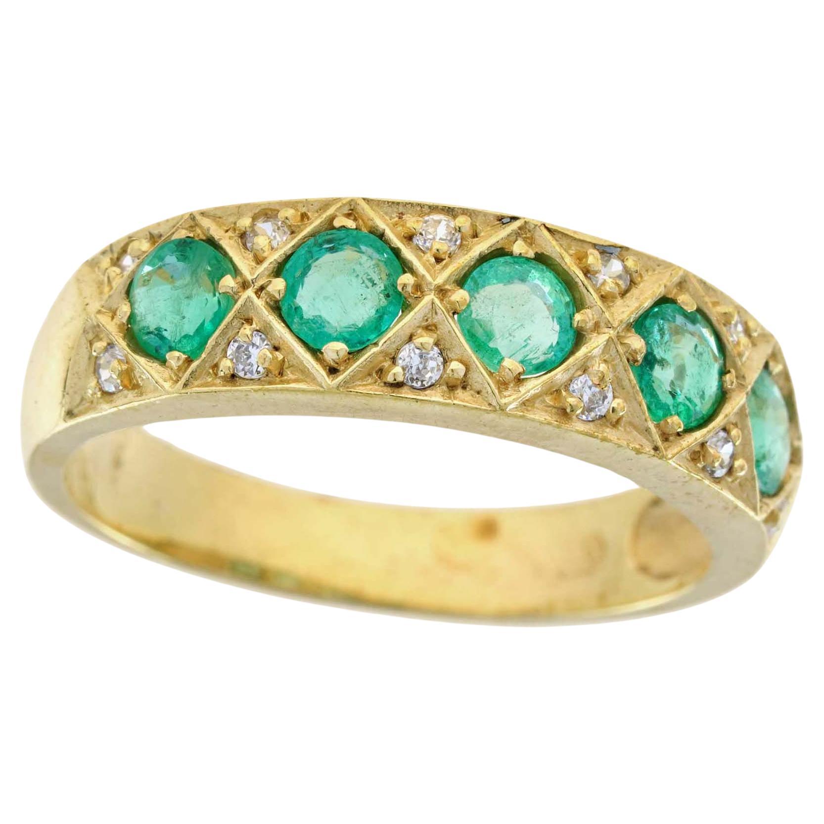 Natural Emerald and Diamond Vintage Style Half Eternity Ring in Solid 9K Gold