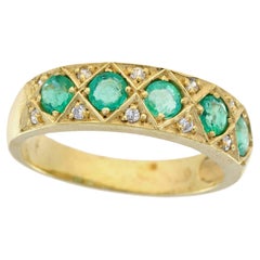 Natural Emerald and Diamond Vintage Style Half Eternity Ring in Solid 9K Gold