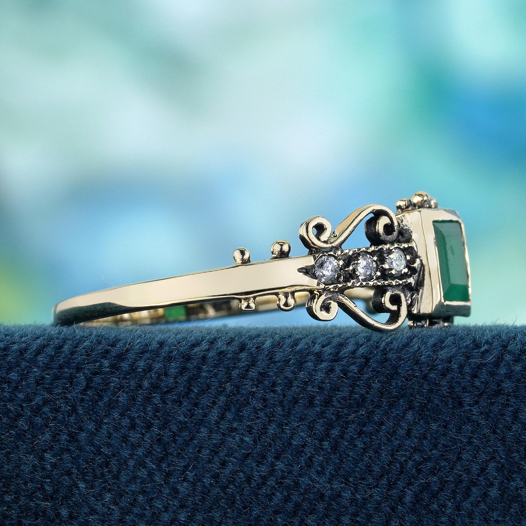 Square Cut Natural Emerald and Diamond Vintage Style Ring in Solid 9K Yellow Gold For Sale