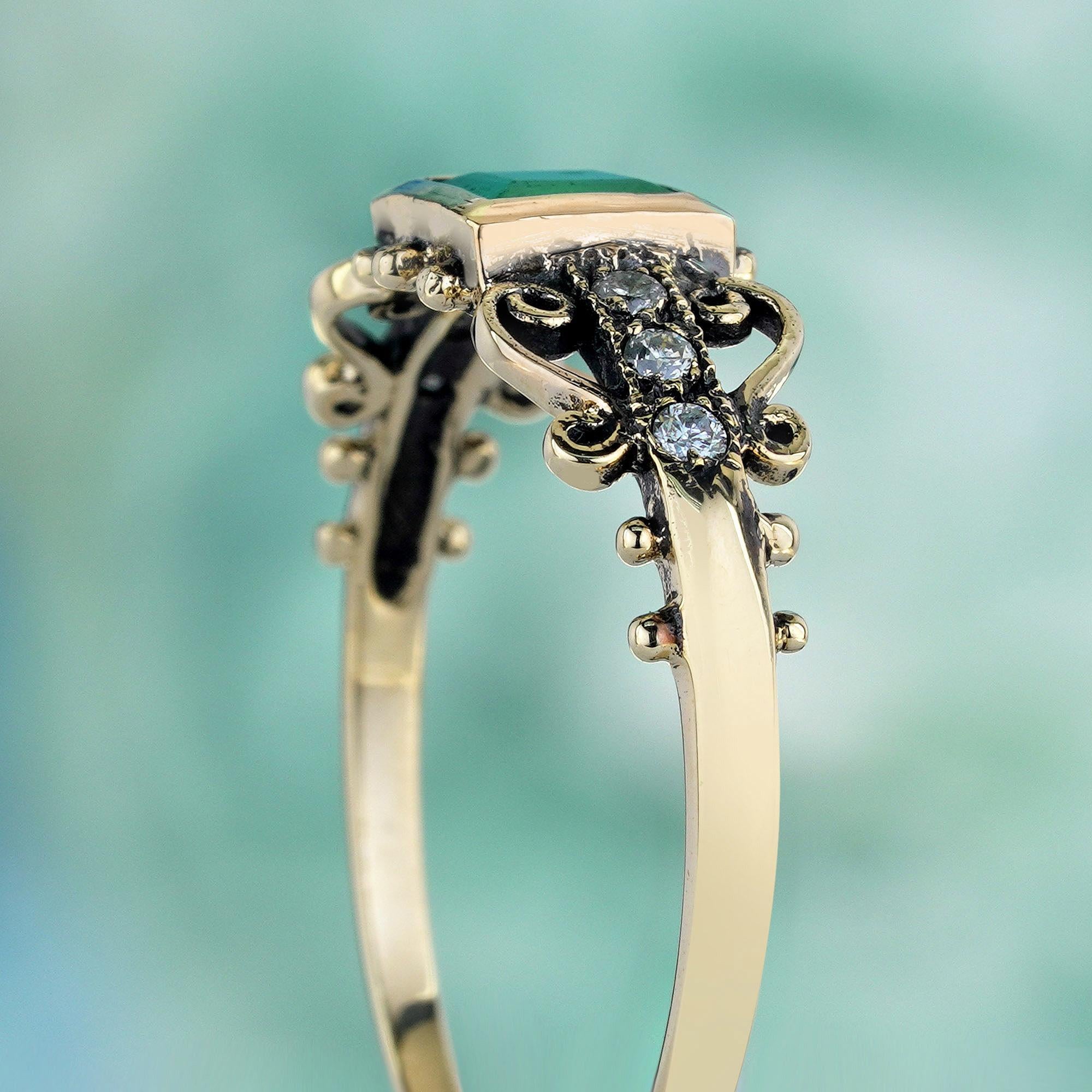 Women's Natural Emerald and Diamond Vintage Style Ring in Solid 9K Yellow Gold For Sale