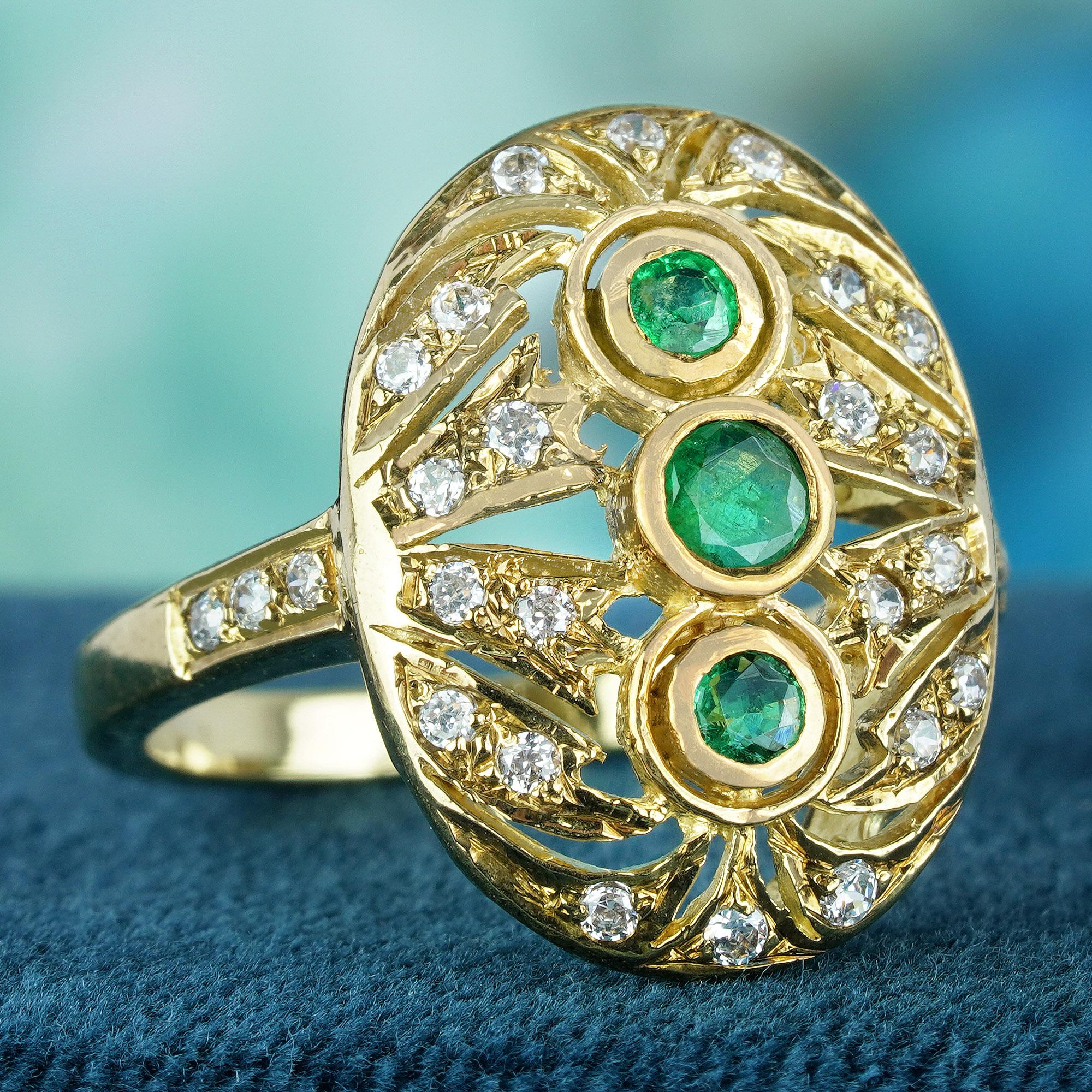 Edwardian Natural Emerald and Diamond Vintage Style Three Stone Ring in Solid 14K Gold For Sale
