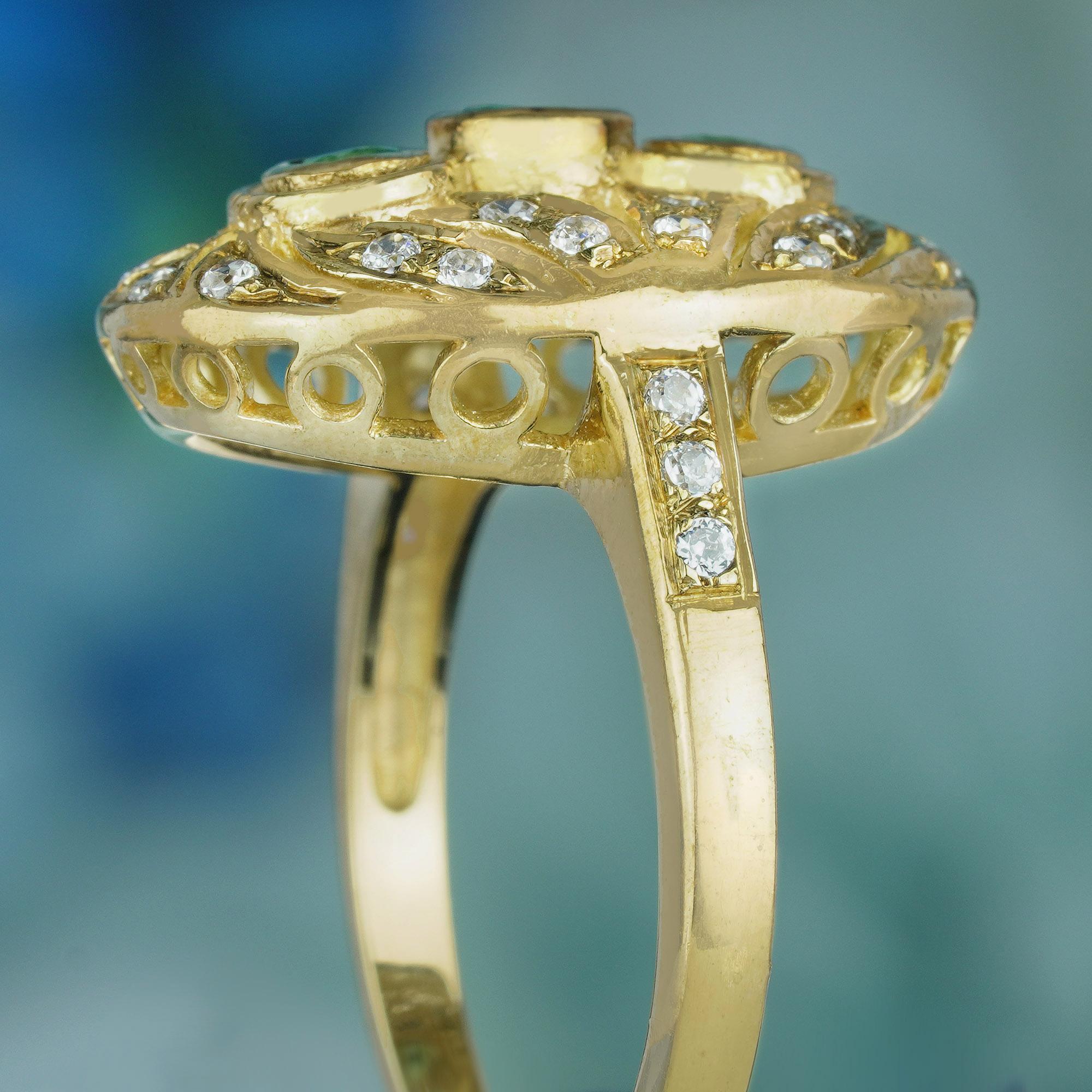 Natürlicher Smaragd und Diamant Vintage-Ring mit drei Steinen im Vintage-Stil aus massivem 14K Gold Damen im Angebot