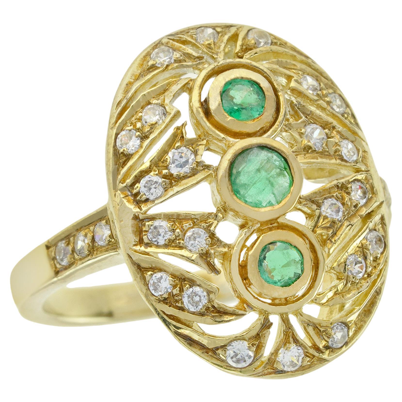 Natural Emerald and Diamond Vintage Style Three Stone Ring in Solid 14K Gold For Sale