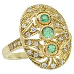 Natural Emerald and Diamond Vintage Style Three Stone Ring in Solid 14K Gold