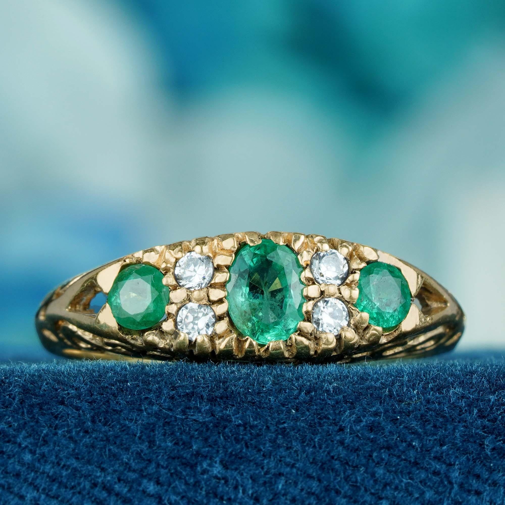 For Sale:  Natural Emerald and Diamond Vintage Style Three Stone Ring in Solid 9K Gold 2