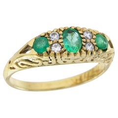 Natural Emerald and Diamond Used Style Three Stone Ring in Solid 9K Gold