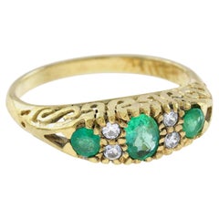 Natural Emerald and Diamond Vintage Style  Three Stone Ring in Solid 9K Gold
