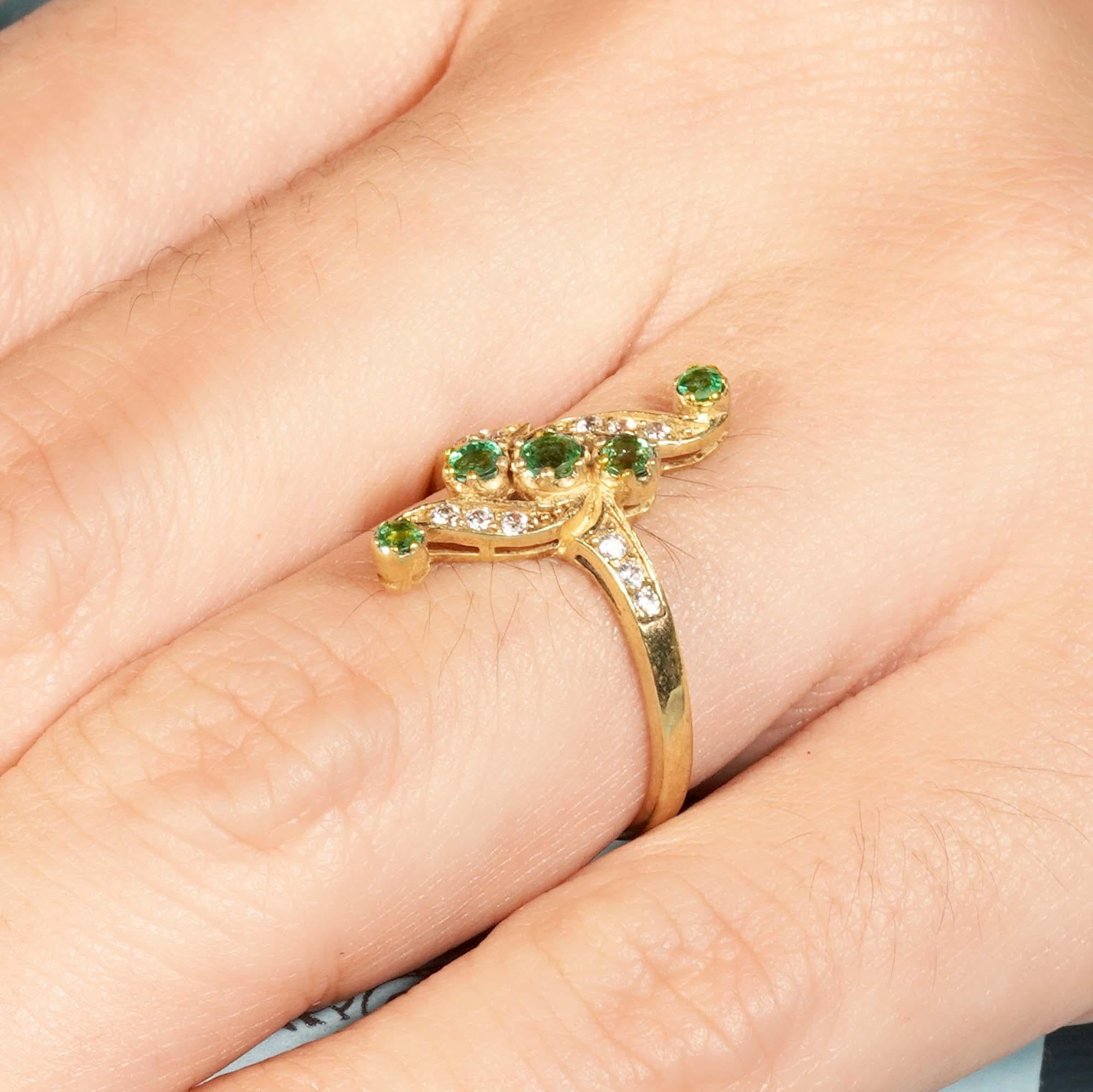 For Sale:  Natural Emerald and Diamond Vintage Style Vertical Ring in Solid 9K Yellow Gold 11