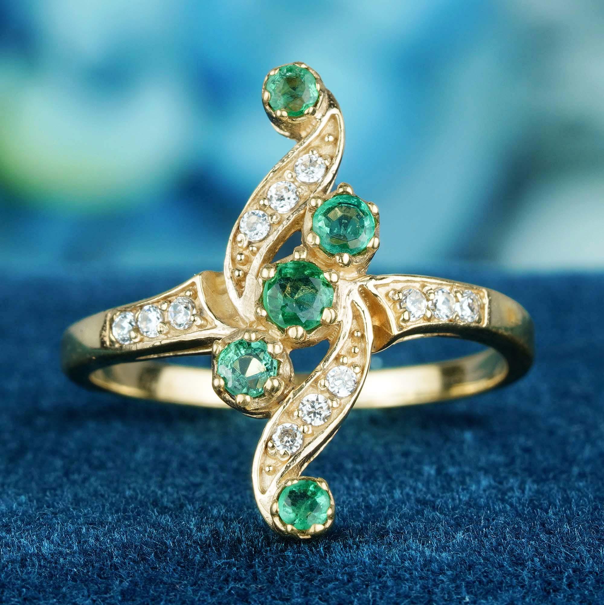 For Sale:  Natural Emerald and Diamond Vintage Style Vertical Ring in Solid 9K Yellow Gold 2