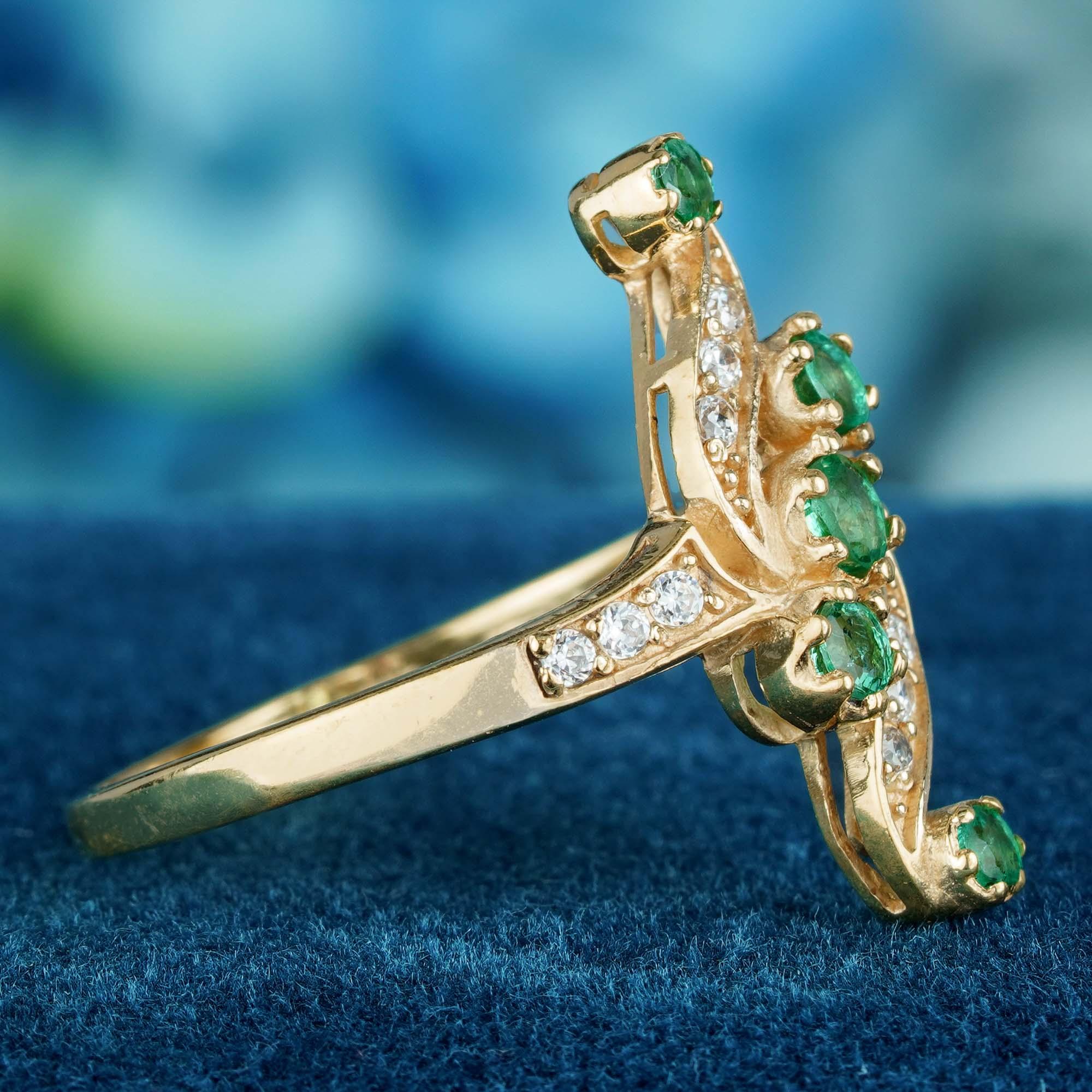 For Sale:  Natural Emerald and Diamond Vintage Style Vertical Ring in Solid 9K Yellow Gold 4