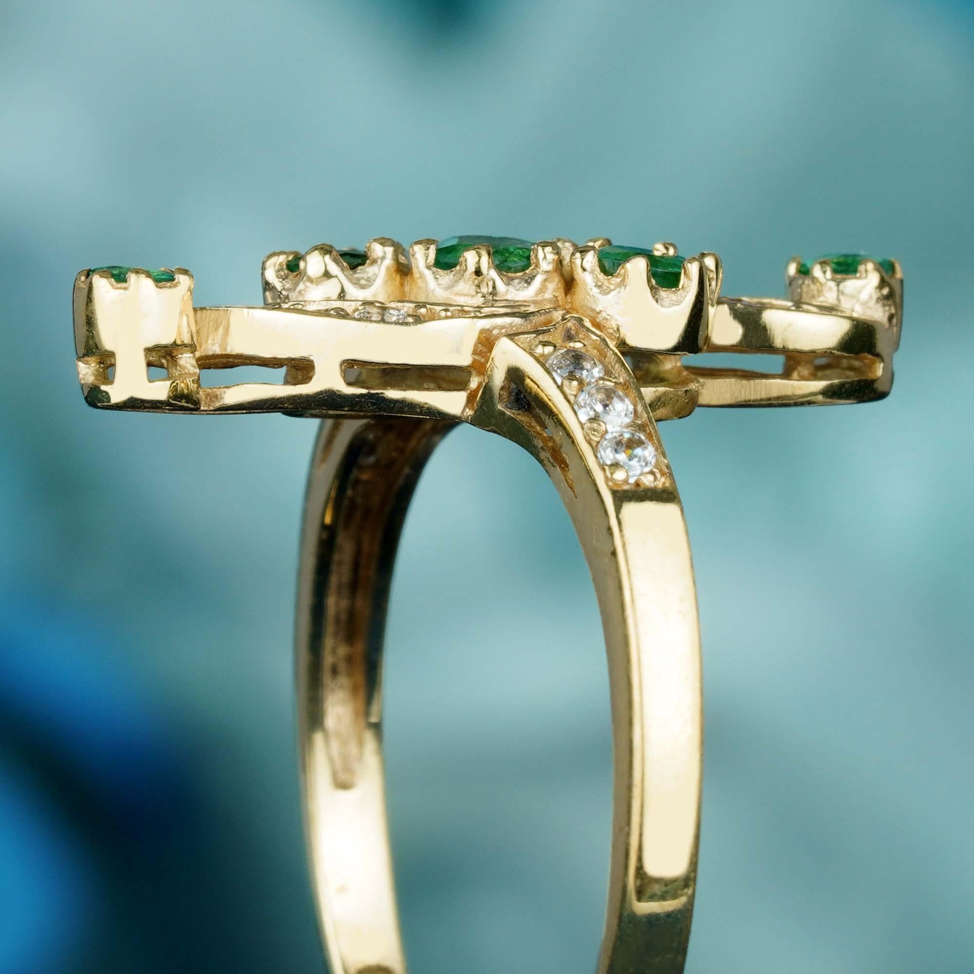 For Sale:  Natural Emerald and Diamond Vintage Style Vertical Ring in Solid 9K Yellow Gold 6