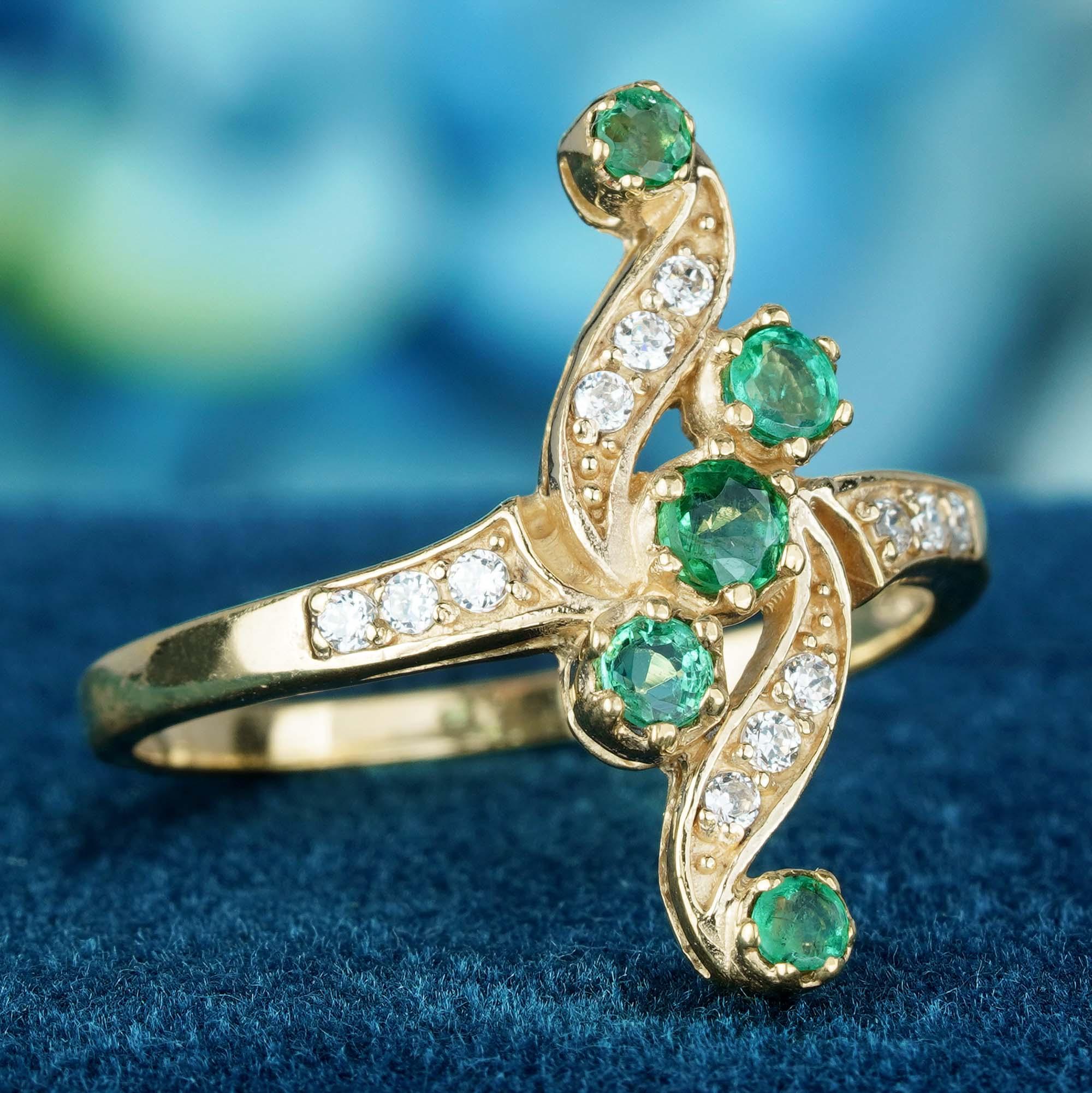 For Sale:  Natural Emerald and Diamond Vintage Style Vertical Ring in Solid 9K Yellow Gold 3