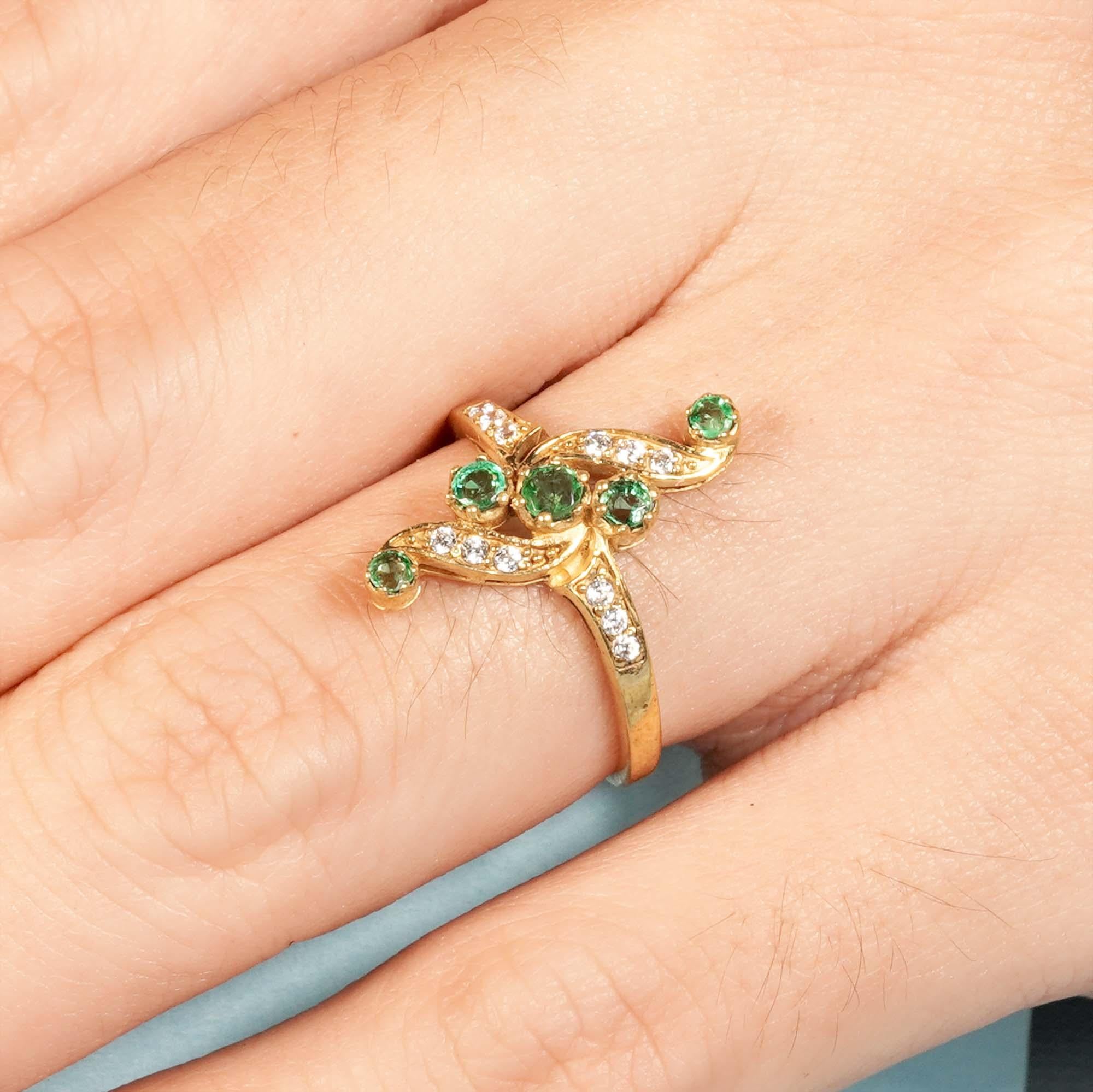 For Sale:  Natural Emerald and Diamond Vintage Style Vertical Ring in Solid 9K Yellow Gold 9