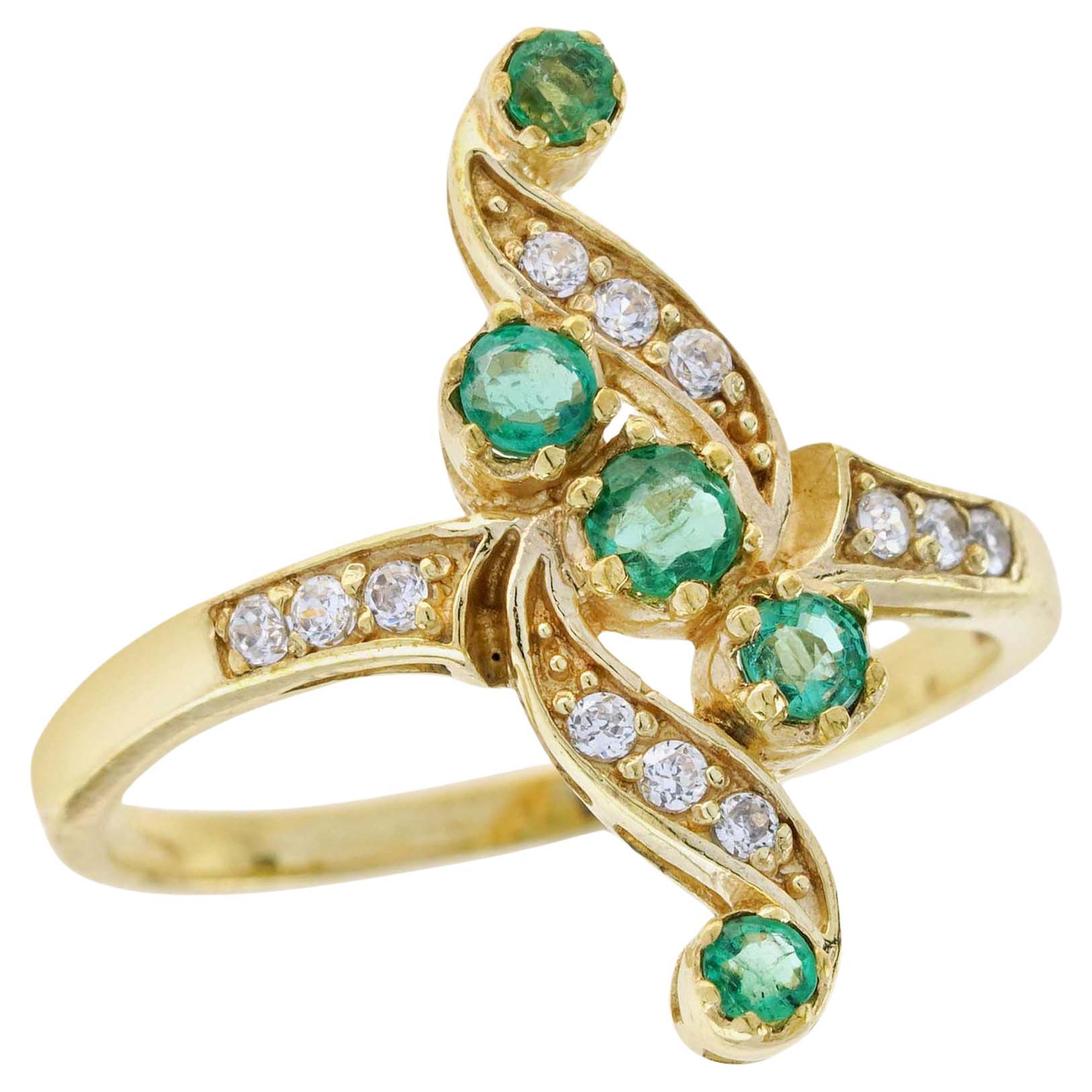 Natural Emerald and Diamond Vintage Style Vertical Ring in Solid 9K Yellow Gold