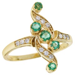 Natural Emerald and Diamond Vintage Style Vertical Ring in Solid 9K Yellow Gold