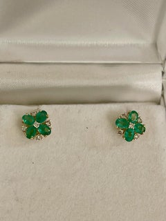 Natural Emerald and Diamonds Flower Post Earrings 14 Karat Yellow Gold