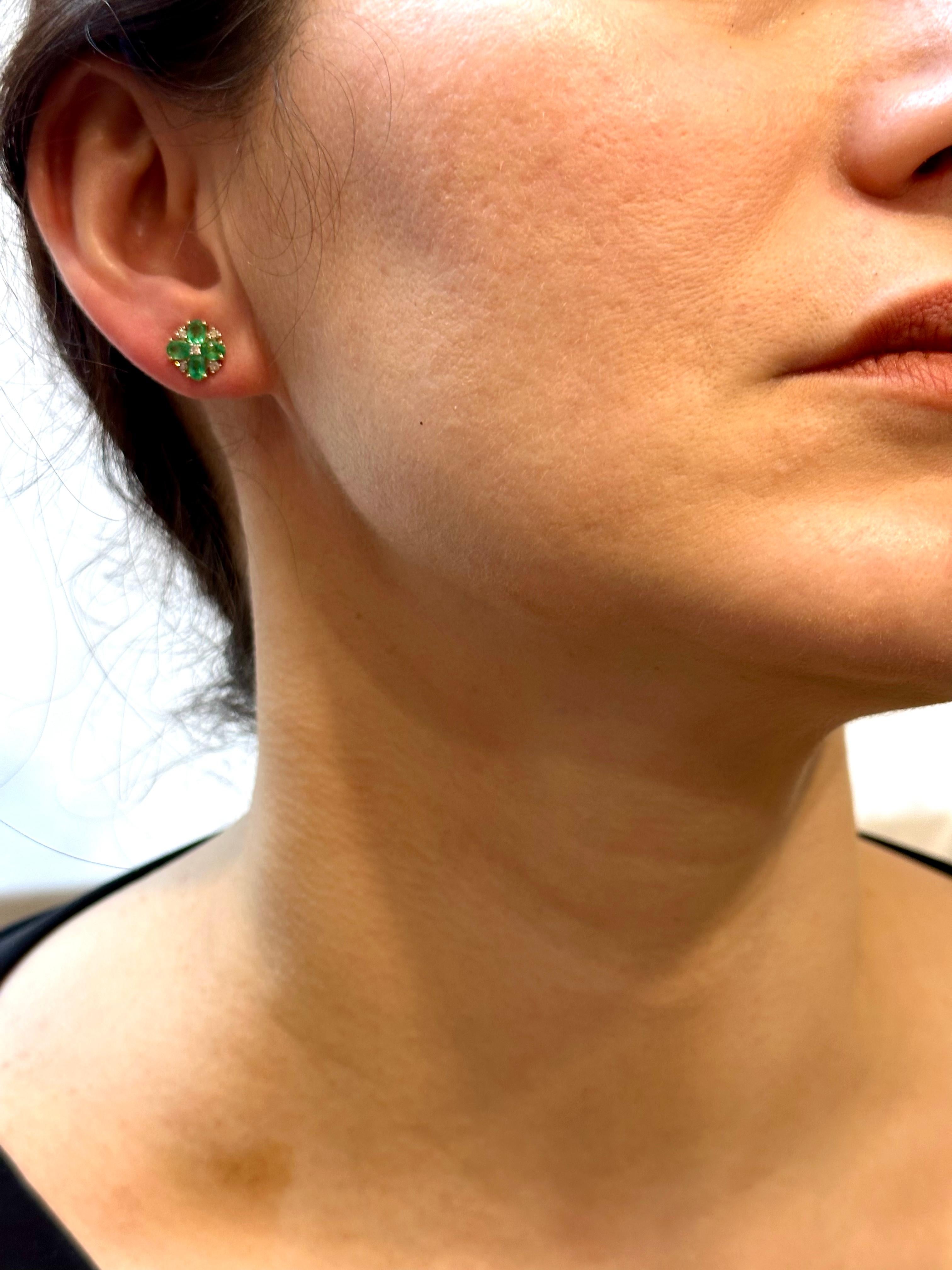 Natural Emerald and Diamonds Flower Post Earrings 14 Karat Yellow Gold 1