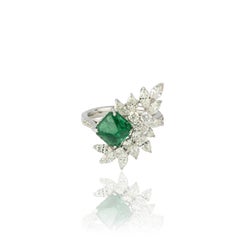 2.34 Ct Natural  Zambian Emerald & 2.15 Ct Natural Diamond Ring in 18KW Gold