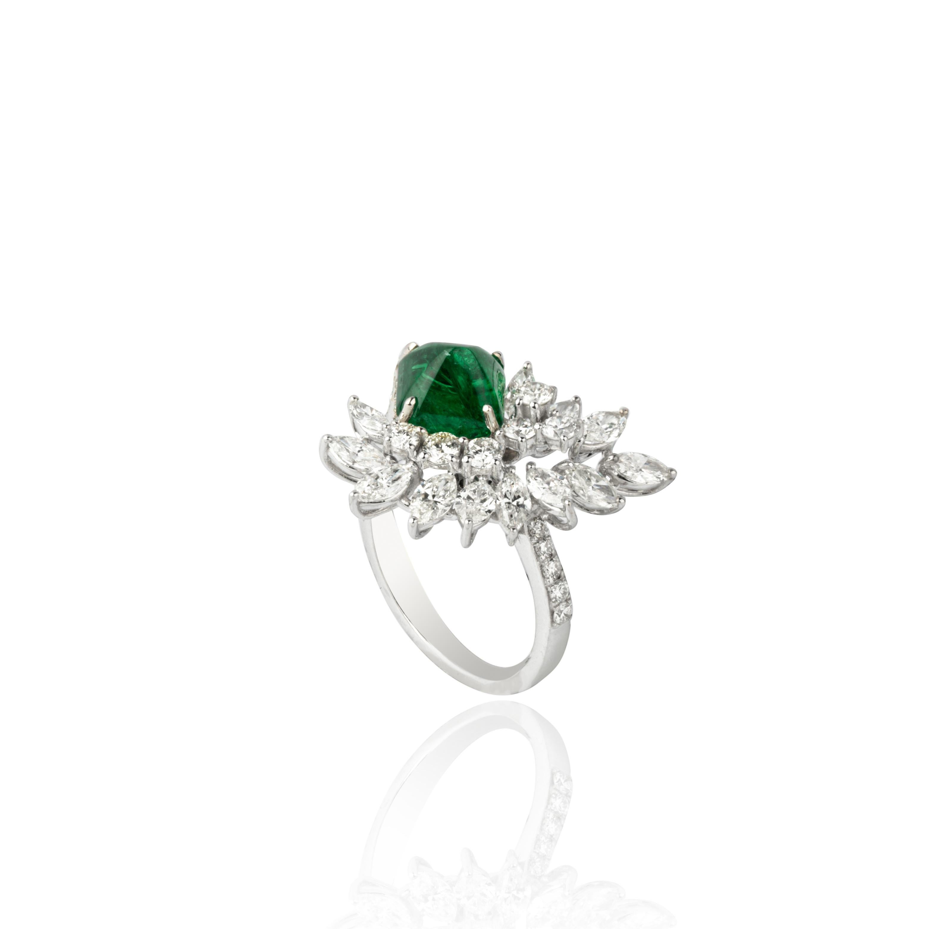 Emerald Cut 2.34 Ct Natural  Zambian Emerald & 2.15 Ct Natural Diamond Ring in 18KW Gold For Sale