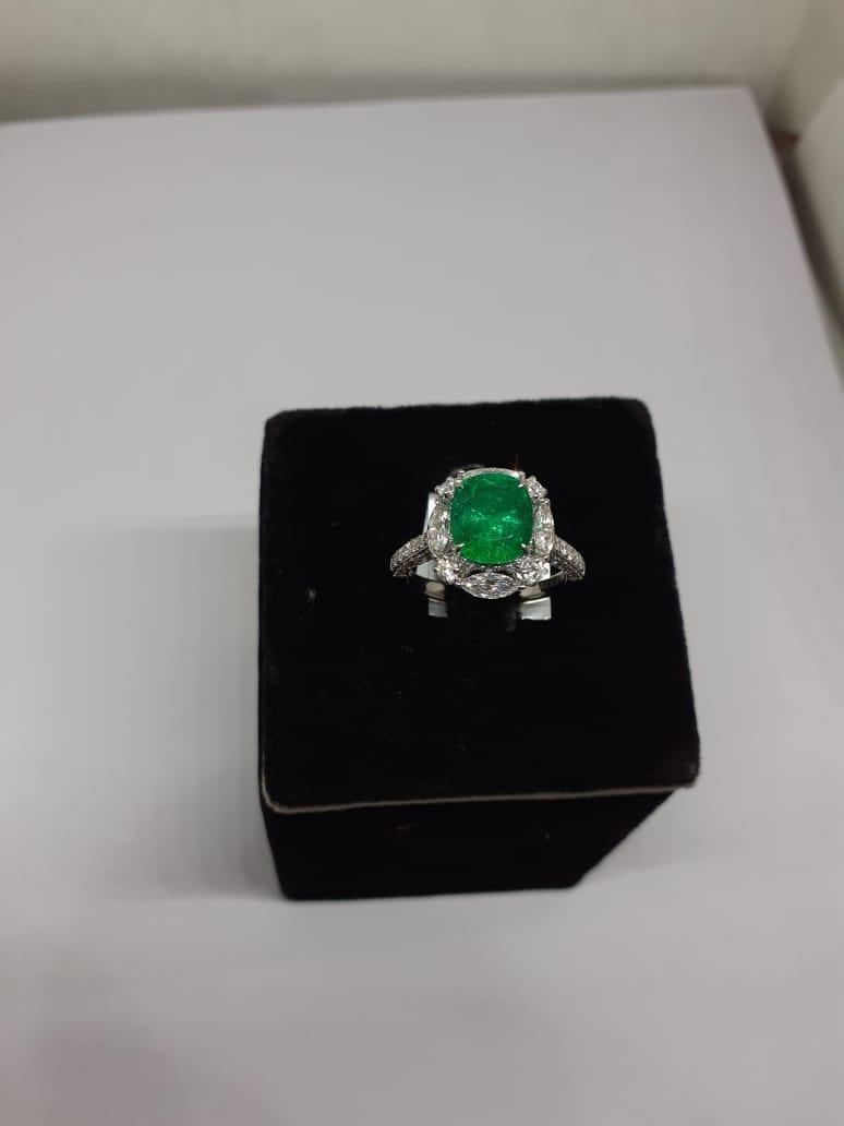 2.77 Ct Natural Zambian Emerald &  2 Ct Natural Diamond Ring in 18KW Gold In New Condition For Sale In New York, NY