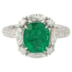 2.77 Ct Natural Zambian Emerald &  2 Ct Natural Diamond Ring in 18KW Gold