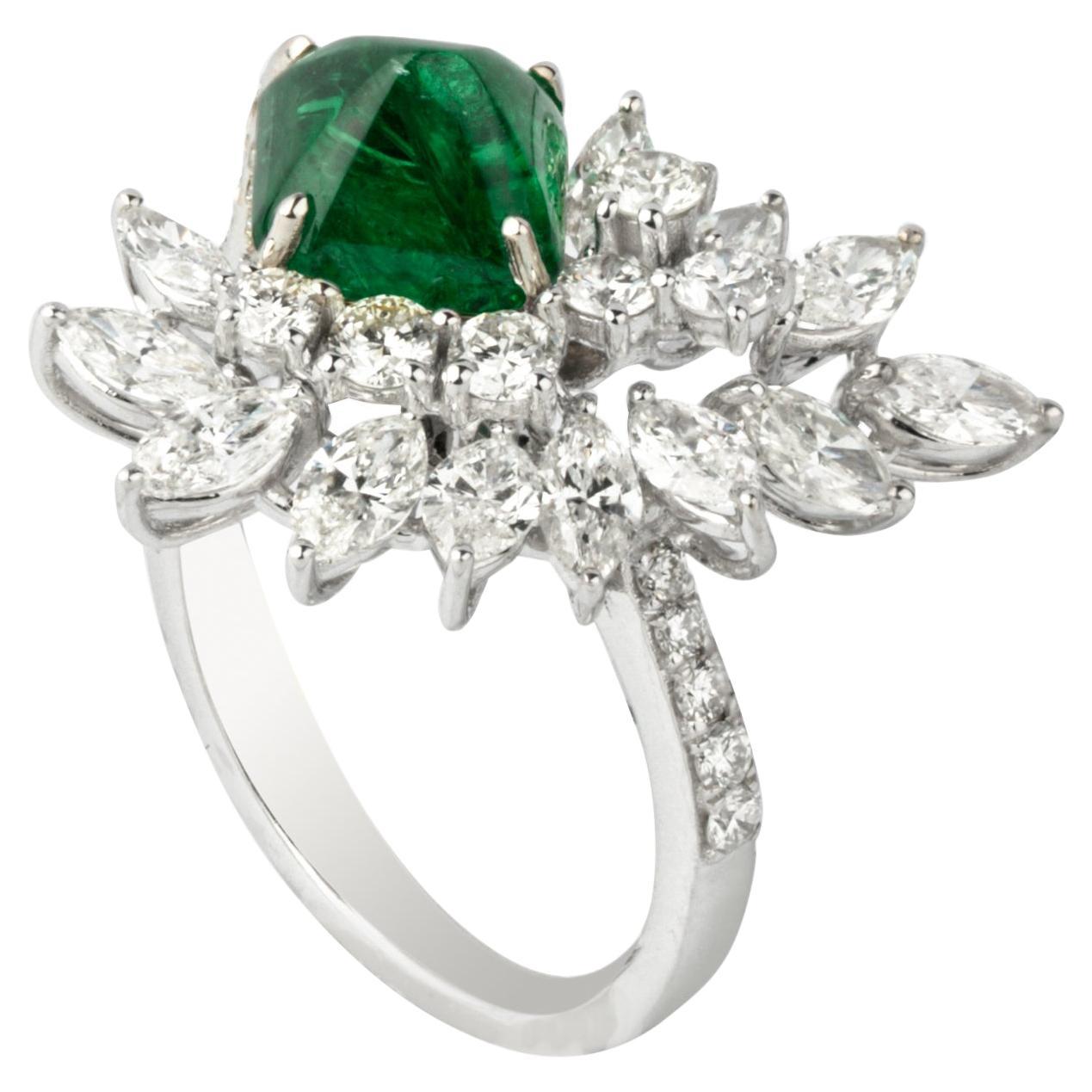 2.34 Ct Natural  Zambian Emerald & 2.15 Ct Natural Diamond Ring in 18KW Gold For Sale