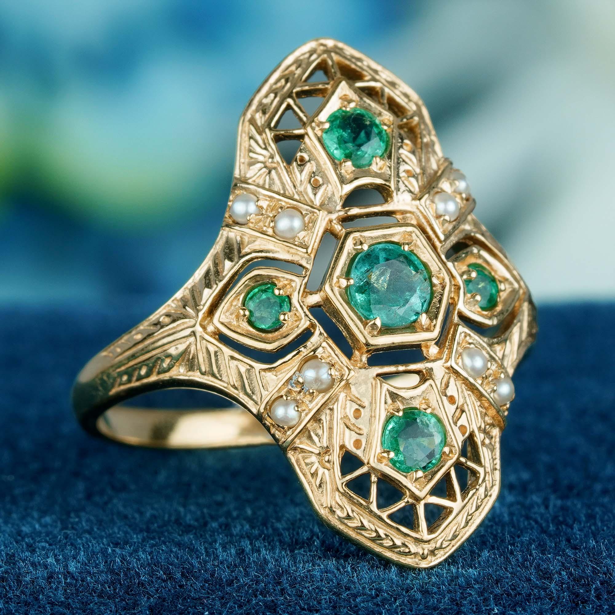 For Sale:  Natural Emerald and Pearl Art deco Style Geometric Three Stone Ring in 9K Gold 2