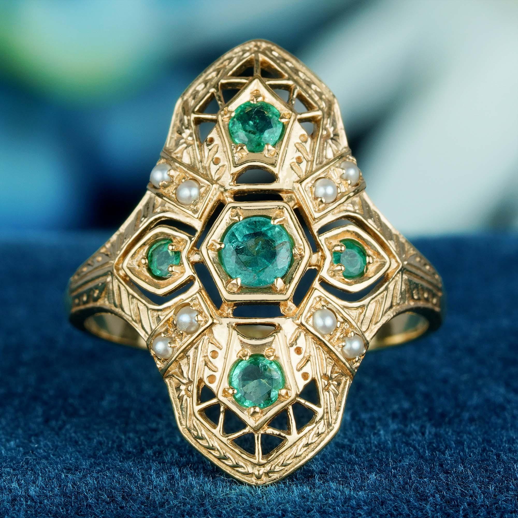 For Sale:  Natural Emerald and Pearl Art deco Style Geometric Three Stone Ring in 9K Gold 3