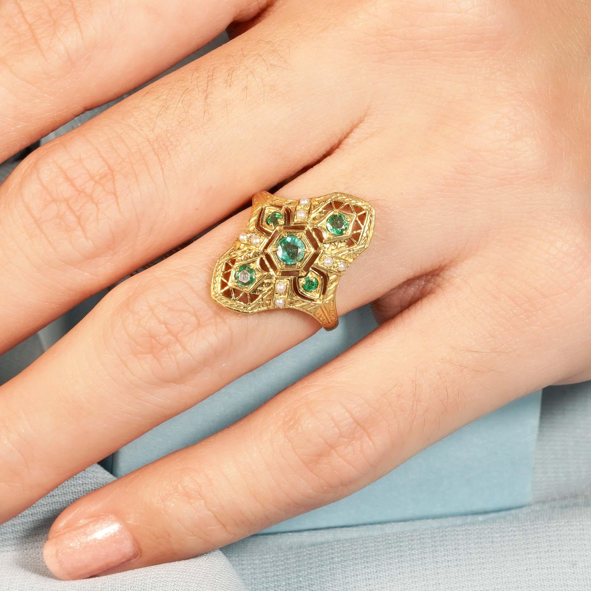 For Sale:  Natural Emerald and Pearl Art deco Style Geometric Three Stone Ring in 9K Gold 9