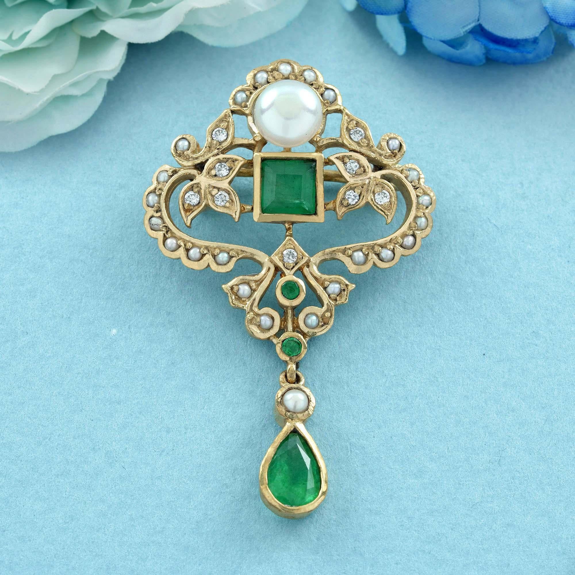 Elevate your accessory collection with this stunning natural emerald and pearl Victorian style brooch in solid 14k yellow gold. This exquisite piece features a beautifully crafted square-shaped emerald at its heart, elegantly complemented by a