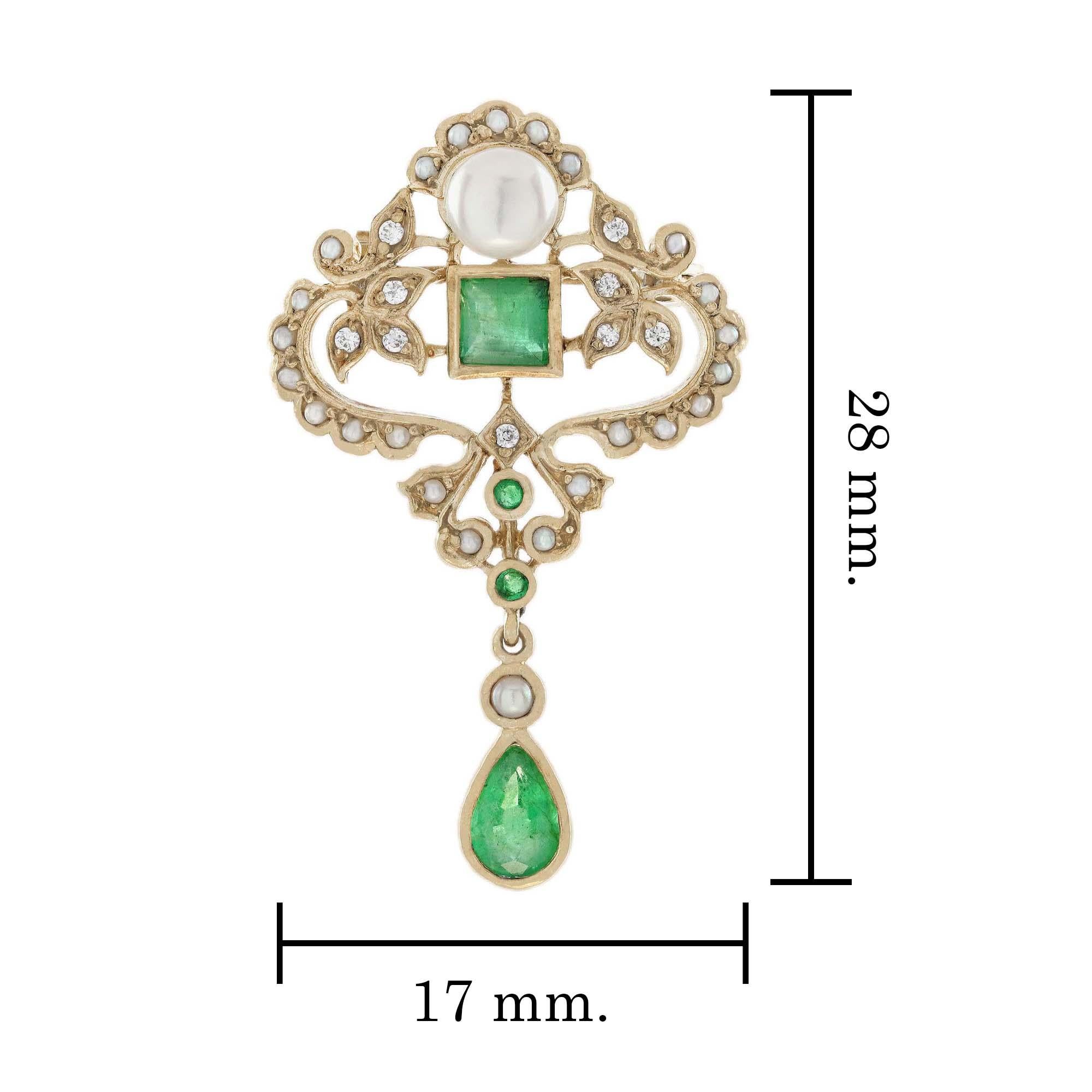 Women's Natural Emerald and Pearl Victorian Style Brooch in Solid 14K Yellow Gold For Sale