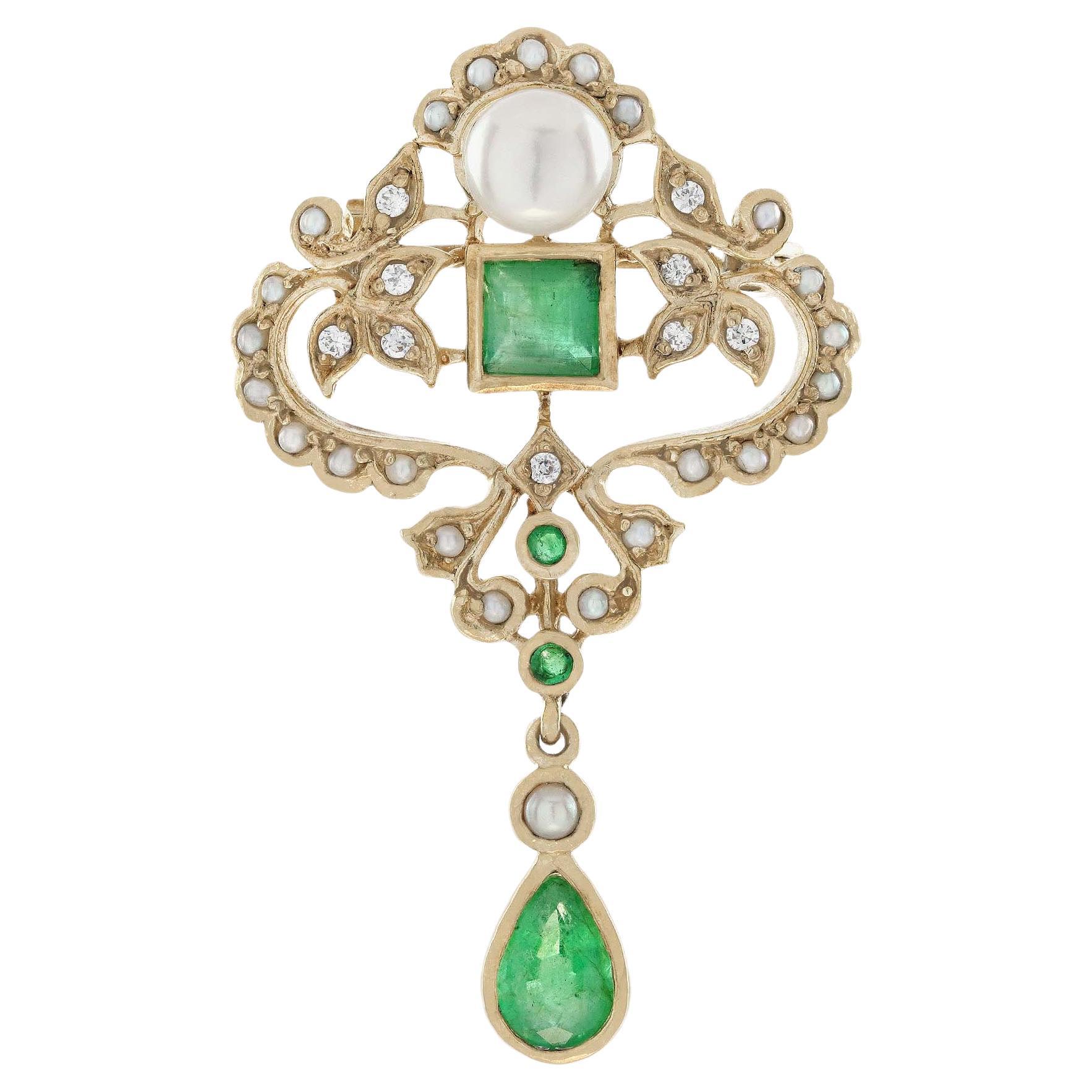 Broche de style victorien en or jaune massif 14 carats, émeraude naturelle et perle