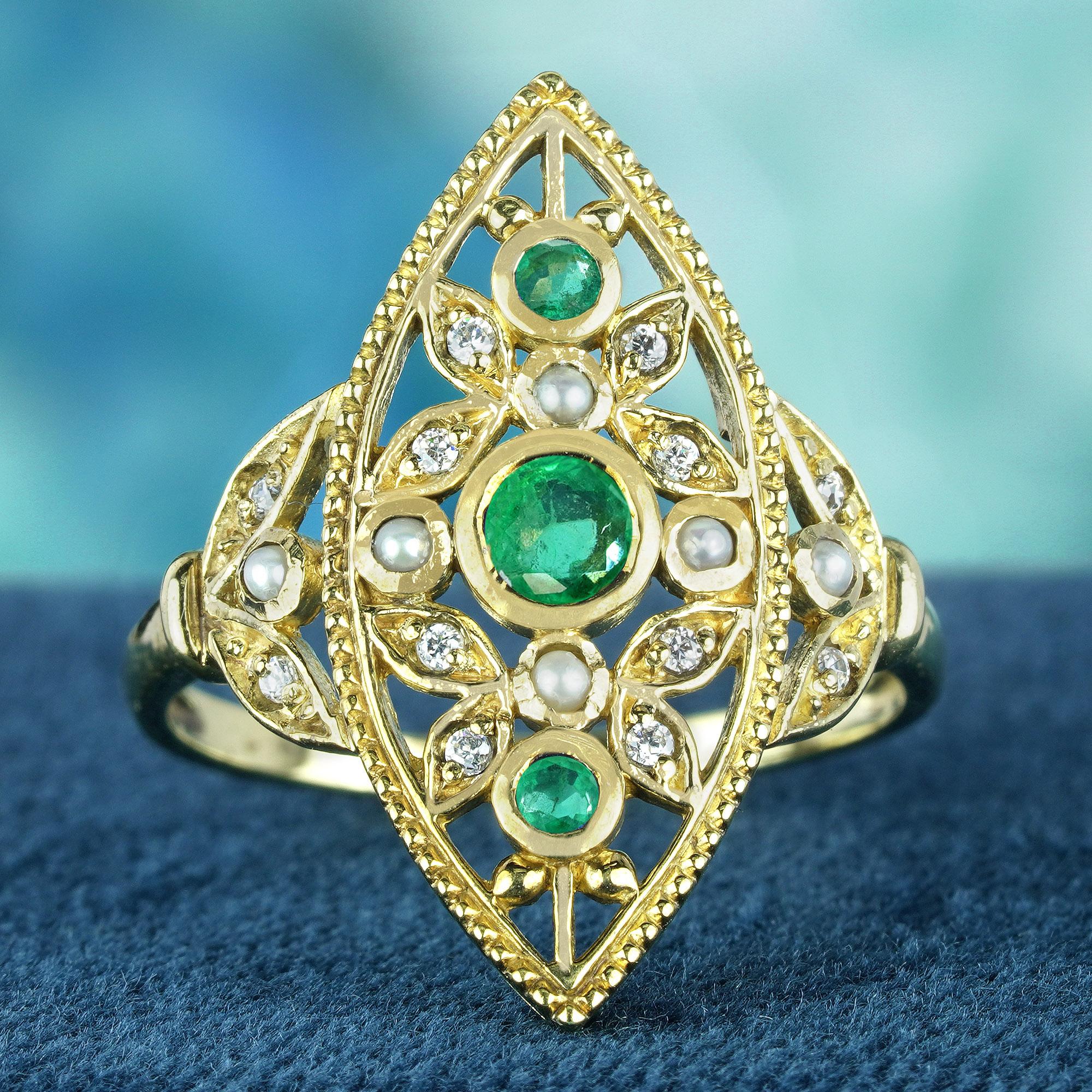 Elevate your jewelry collection with our natural emerald and pearl vintage style cocktail ring in solid gold. This exquisite piece features an intricate open work design marquise shaped, embellished with stunning natural emeralds and pearls. The