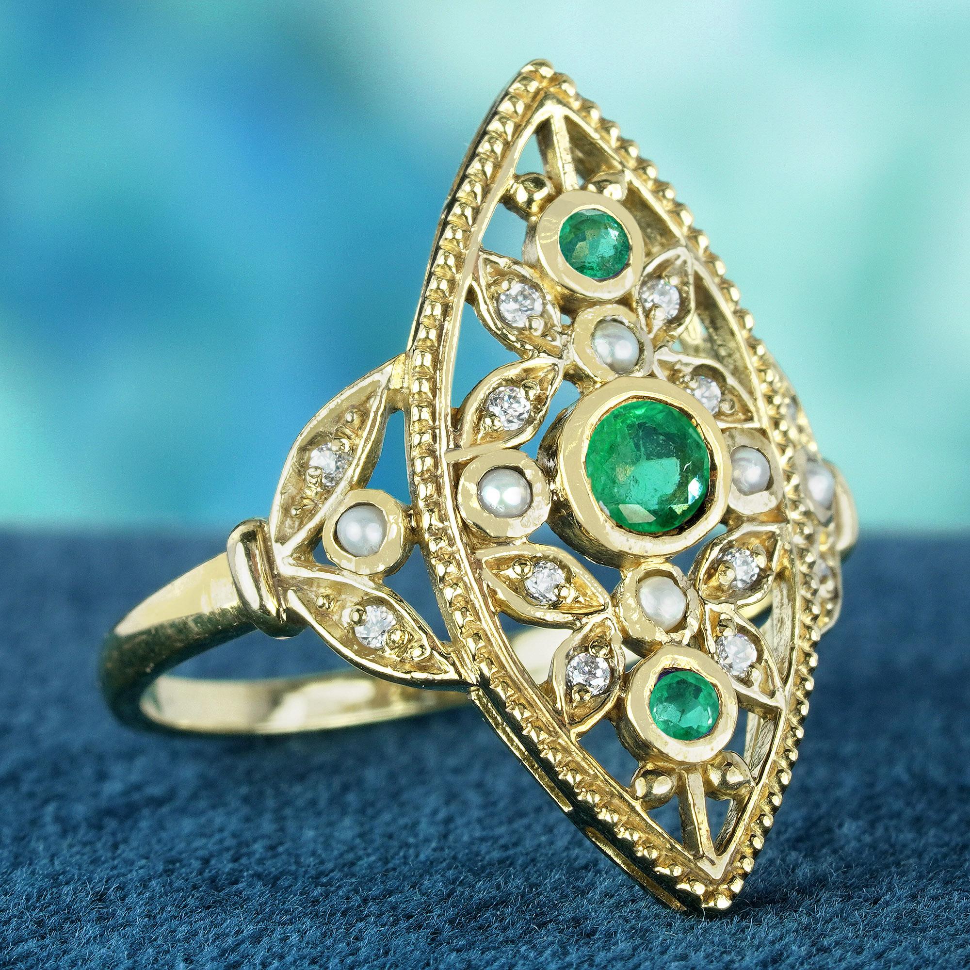 Round Cut Natural Emerald and Pearl Victorian Style Marquise Cocktail Ring in 14K Gold For Sale