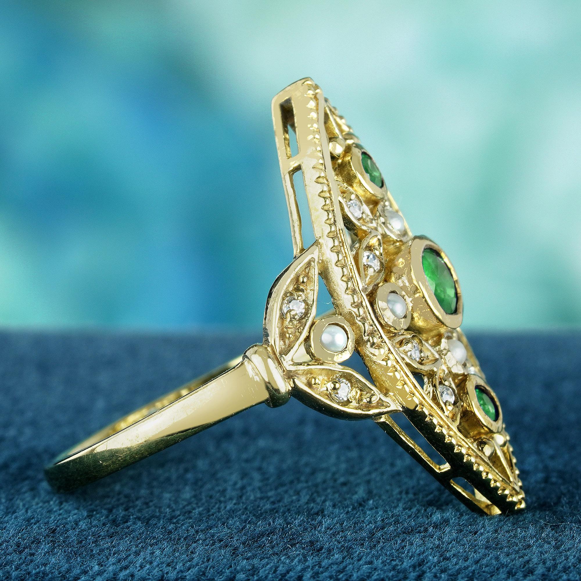 Natural Emerald and Pearl Victorian Style Marquise Cocktail Ring in 14K Gold In New Condition For Sale In Bangkok, TH