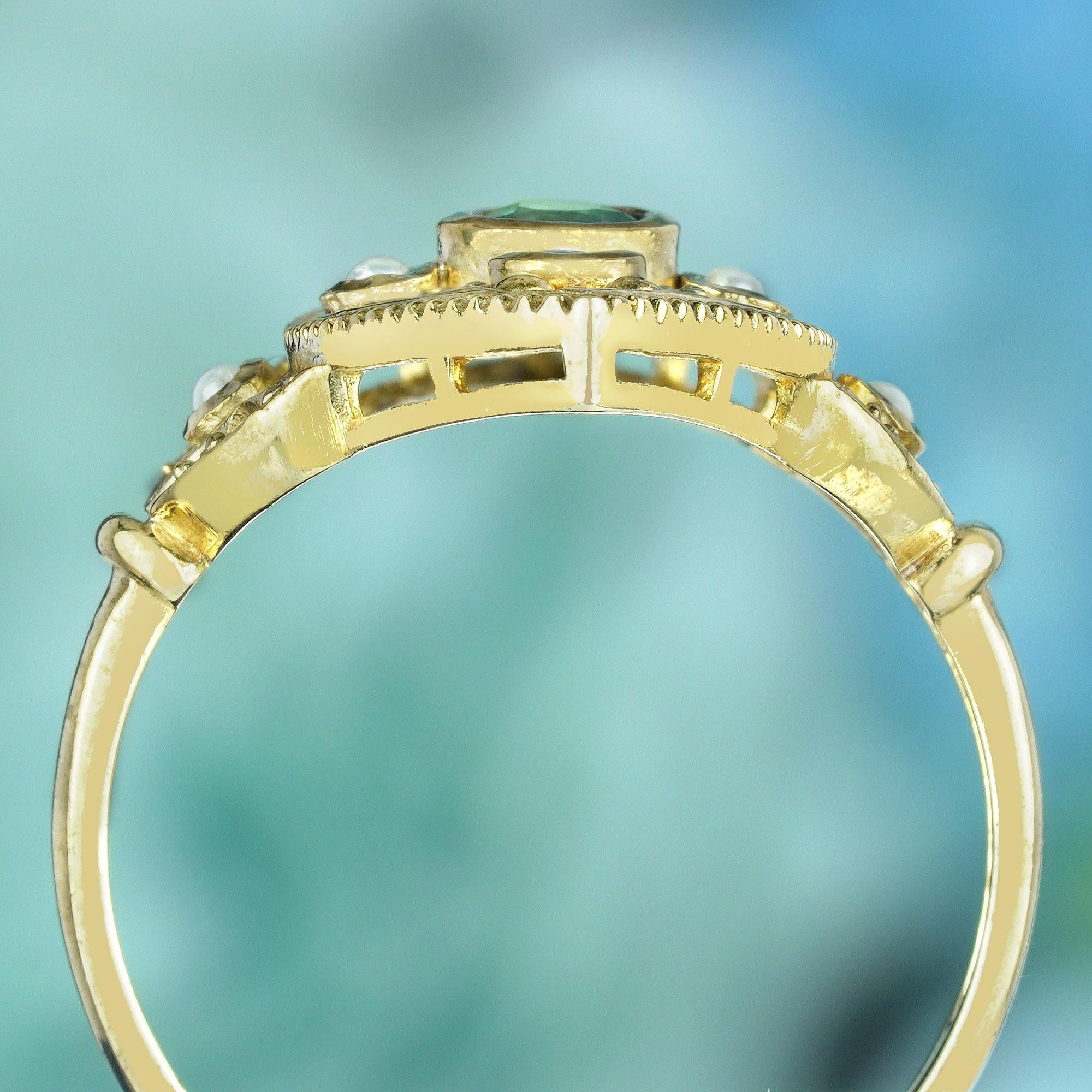 Women's Natural Emerald and Pearl Victorian Style Marquise Cocktail Ring in 14K Gold For Sale