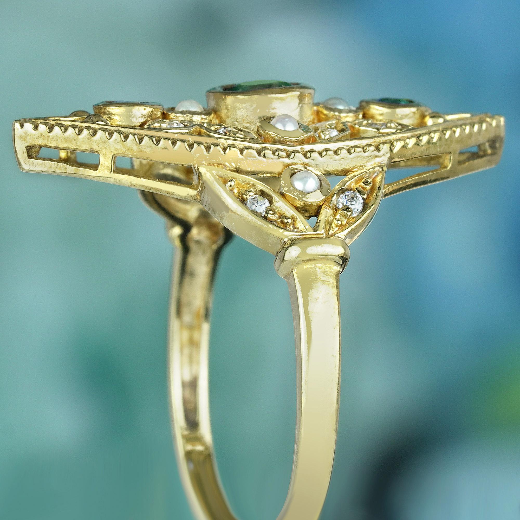 Natural Emerald and Pearl Victorian Style Marquise Cocktail Ring in 14K Gold For Sale 1