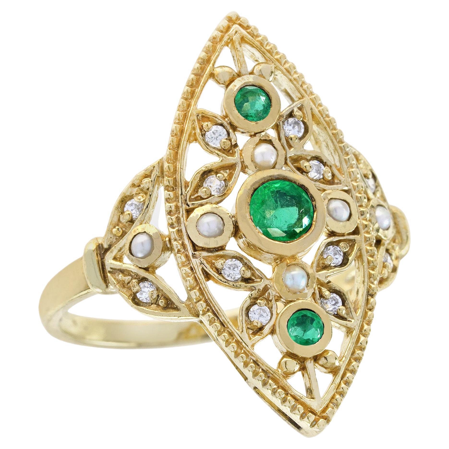 Natural Emerald and Pearl Victorian Style Marquise Cocktail Ring in 14K Gold For Sale