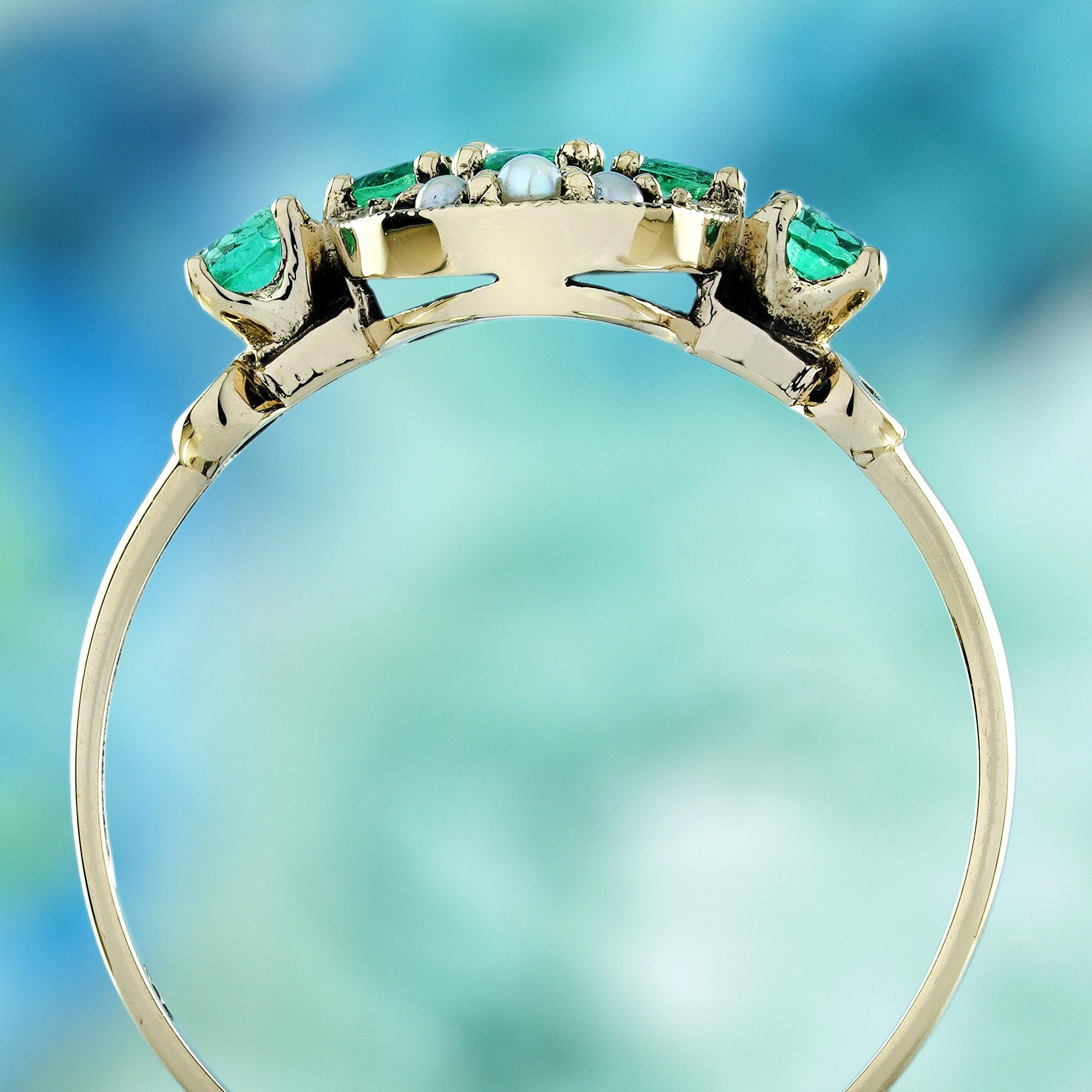 Natürlicher Smaragd und Perle im Vintage-Stil  Cluster-Ring aus massivem 9K Gelbgold im Zustand „Neu“ im Angebot in Bangkok, TH