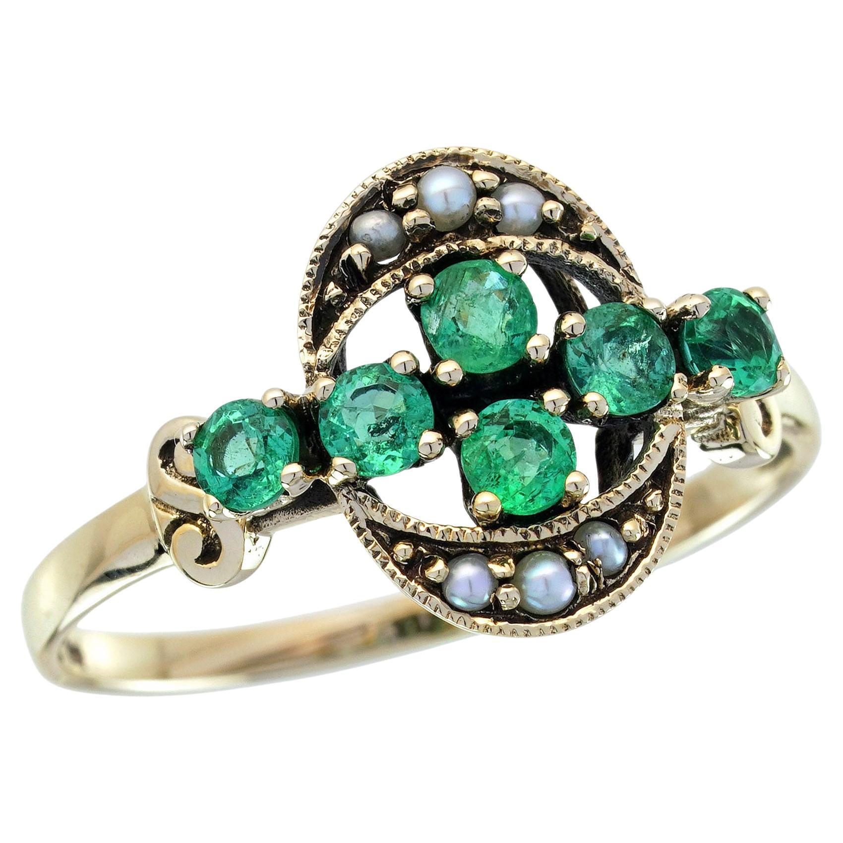Natural Emerald and Pearl Vintage Style  Cluster Ring in Solid 9K Yellow Gold
